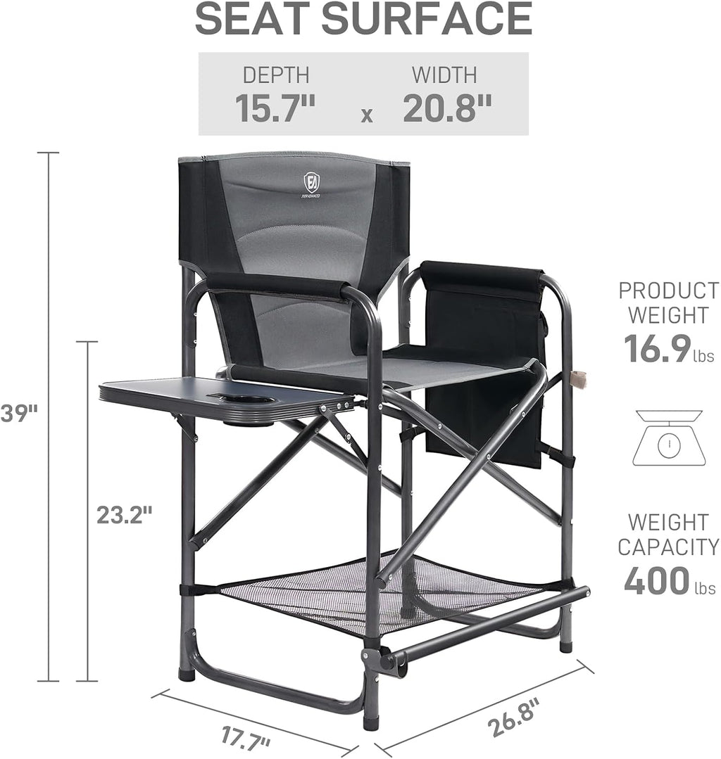 EVER ADVANCED 23.2" Medium Tall Directors Chair with Side Table 400LBS Grey