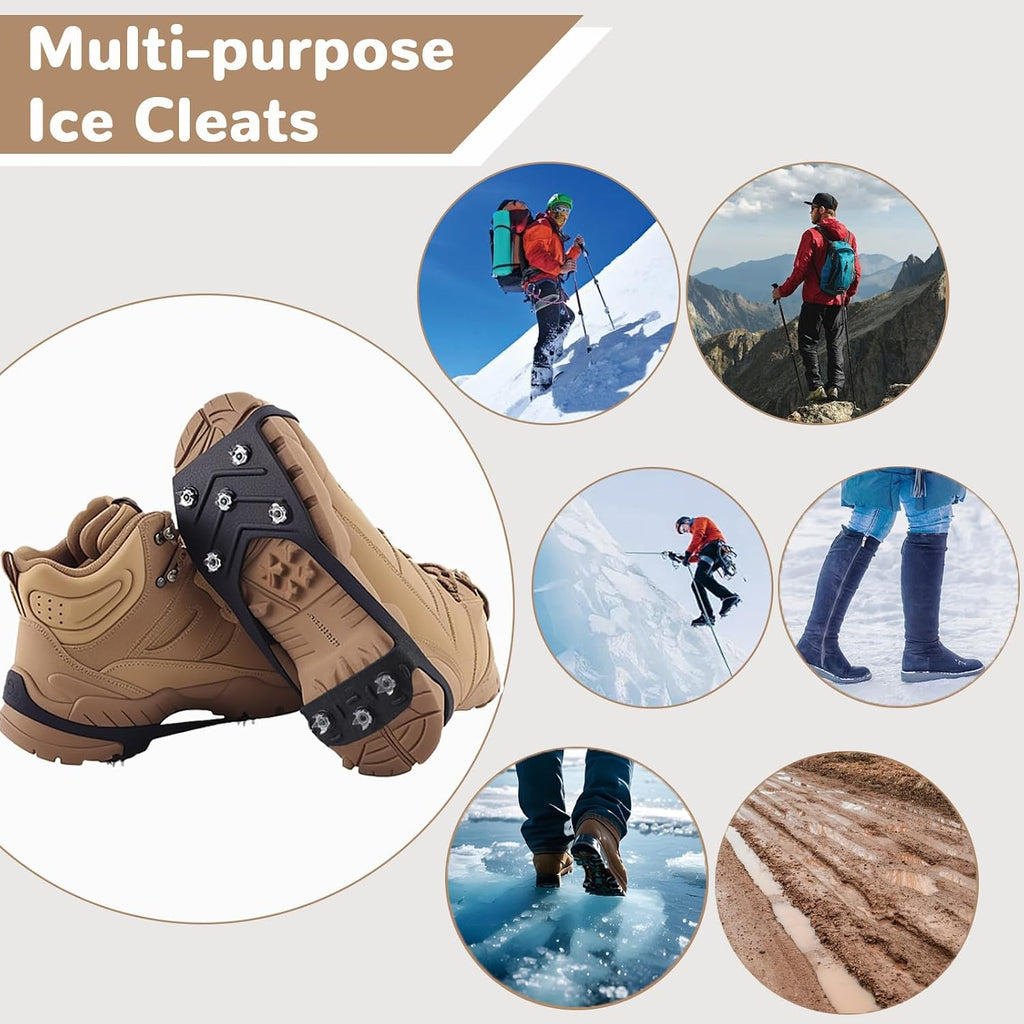 2 Pairs Ice Cleats for Shoes and Boots,Universal 8 Steel Studs Crampon Ice & Snow Grippers for Winter Hiking Climbing Ice Fishing,Anti-Slip
