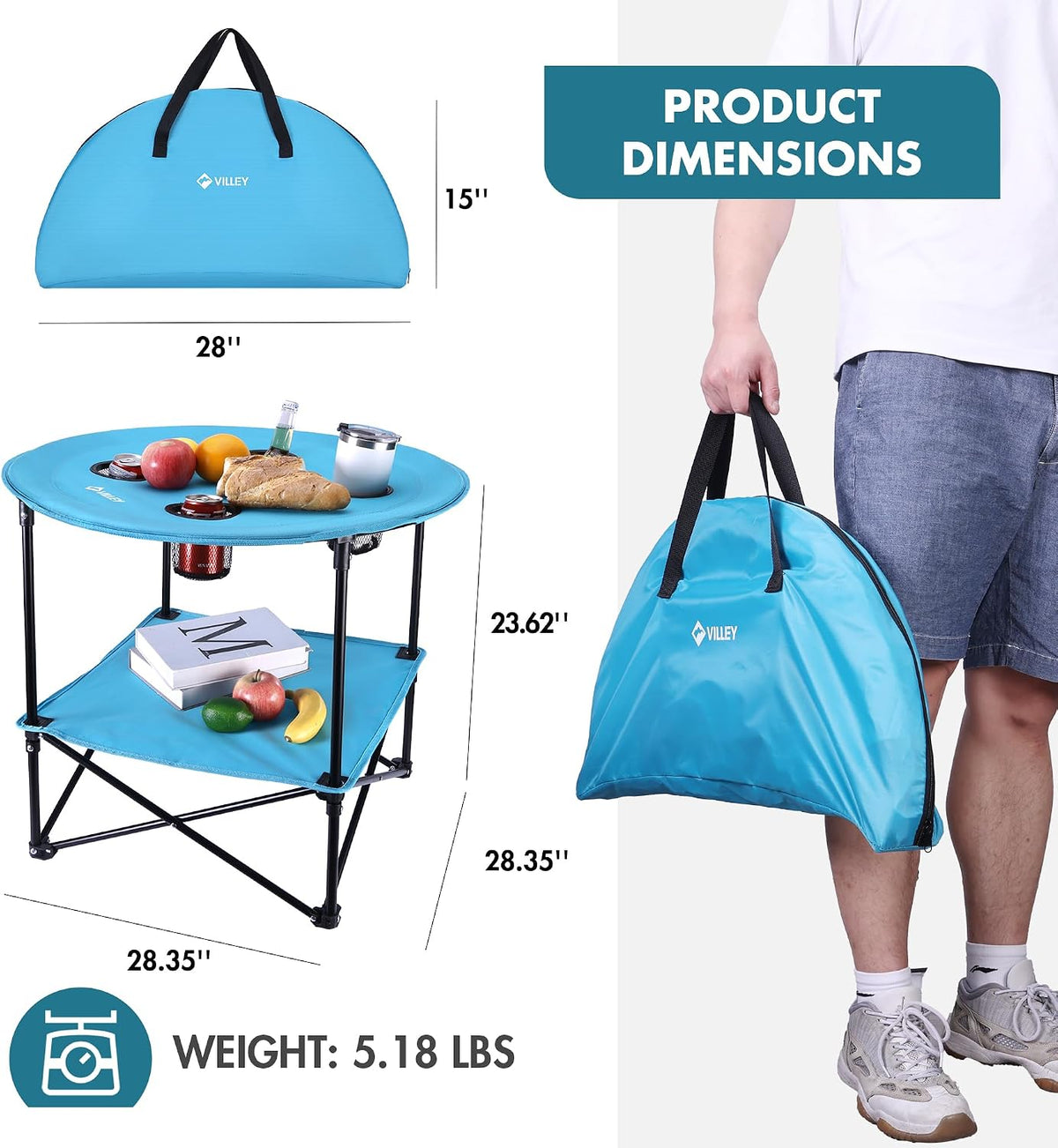 VILLEY Folding Camping Table, Double-Layer Round Camp Table with Carry Bag