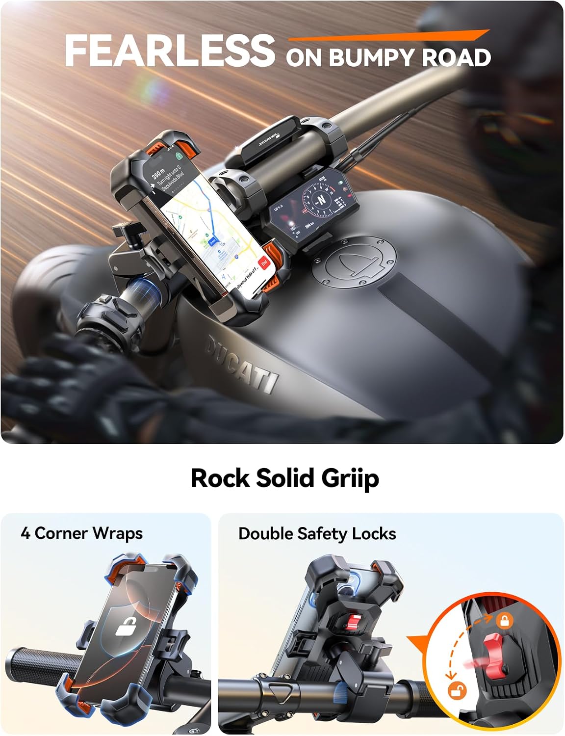 JOYROOM Motorcycle Phone Mount, [1s Auto Lock][100mph Military Anti-Shake] Bike Phone Holder for Bicycle, [10s Quick Install] Handlebar Phone Mount, Compatible with iPhone, Samsung, All Phone, Orange