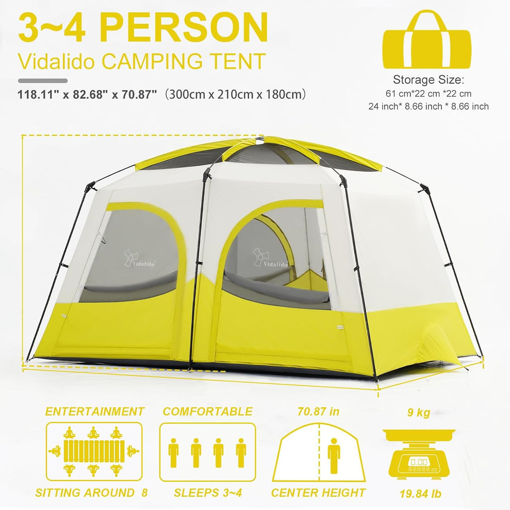 Vidalido Tents，3-4 Person Camping Tent with Extended Vestibule，Weather Resistant Family Tents with Breathable Mesh Windows，Easy Install Waterproof Outdoor Tent for Backpacking and Camping Hiking
