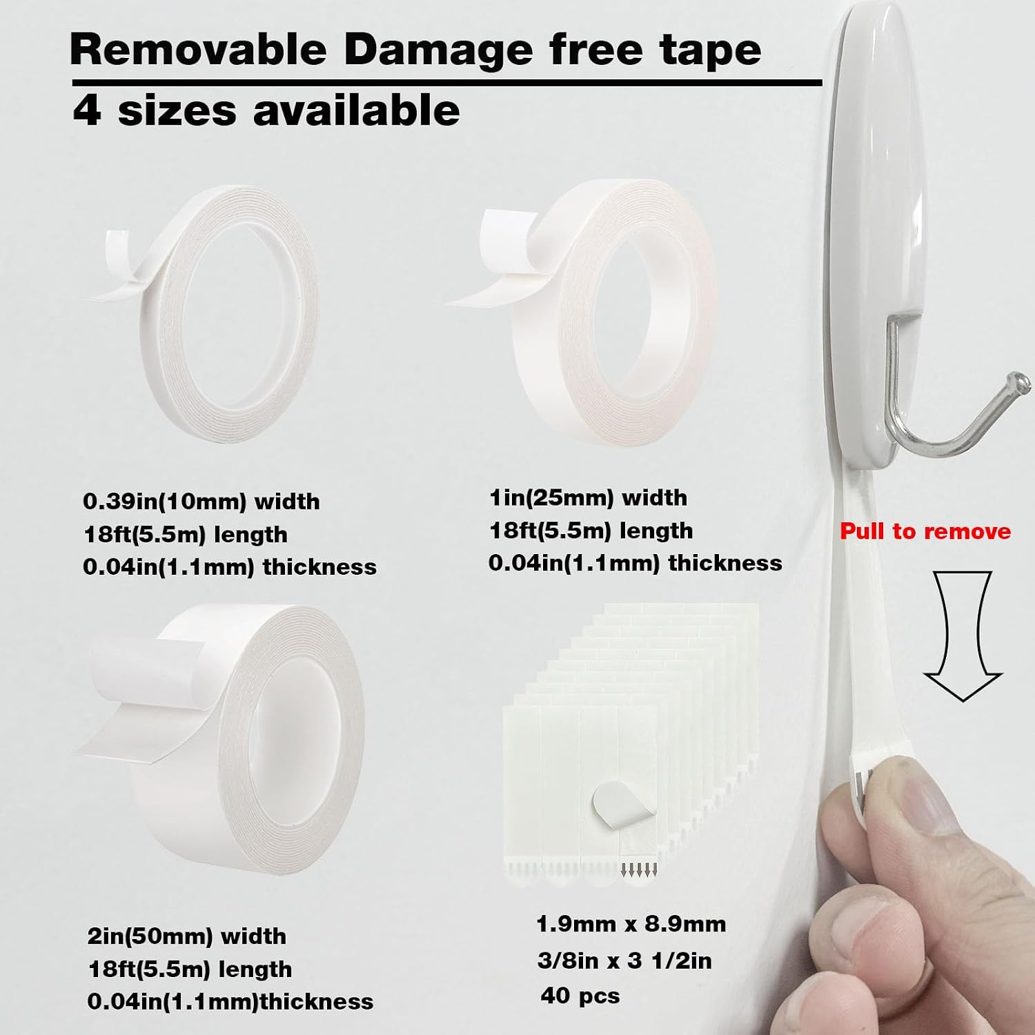Hasaky Removable Double Sided Tape 40pcs, Picutre Hanging Strips Damage Free,Heavy Duty Mounting Tape Wall Adhesive Strips for Poster Carpet Rug Art Craft Scrapbook