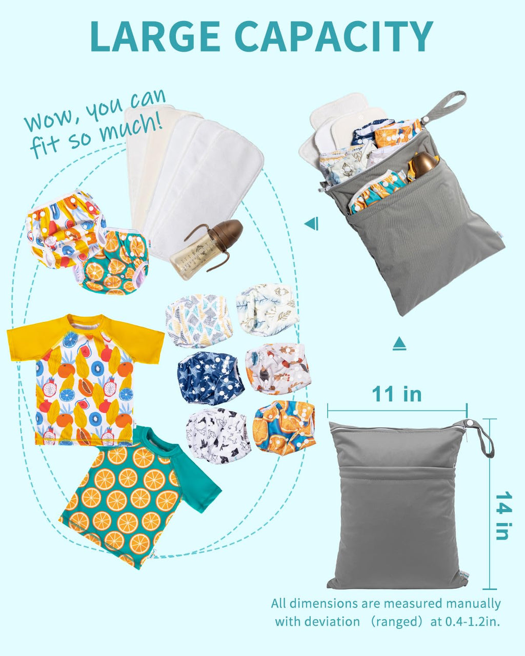 babygoal Wet Dry Bags 3 Pack, Waterproof Reusable Travel Bags for Swimsuits, Baby Cloth Diapers, Beach, Pool, Gym Bag & Wet Clothes with 2 Pockets L-BWG