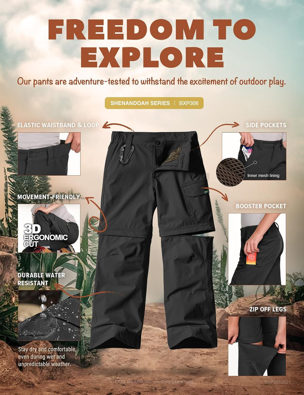 CQR Kids Youth Hiking Cargo Pants, UPF 50+ Quick Dry Convertible Zip Off Pants, Outdoor Camping Pants