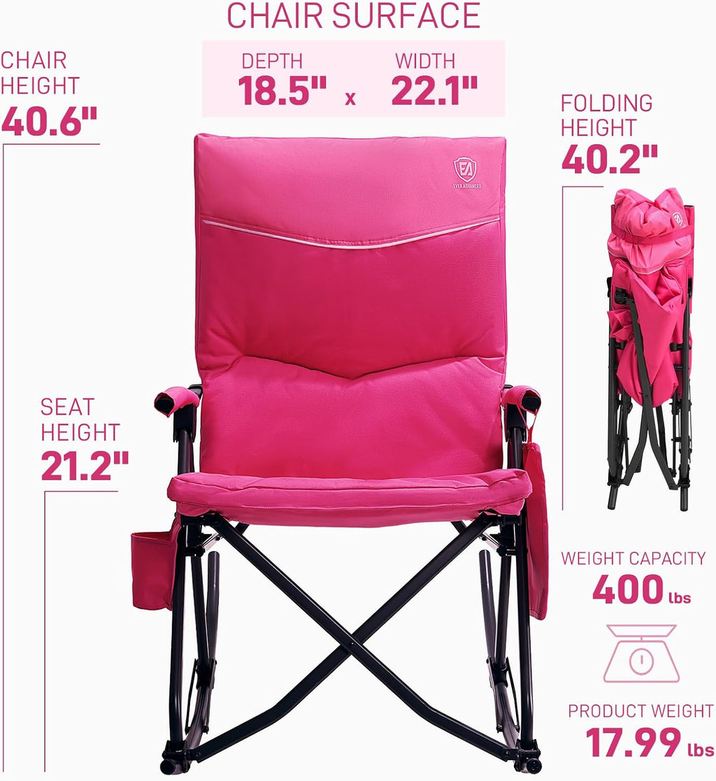 EVER ADVANCED Oversized Folding Rocking Camping Chair, Padded Portable Rocker Chair for Patio, Lawn and Outdoors, Heavy Duty Hard Armchair for Adults Supports 400lbs, Pink