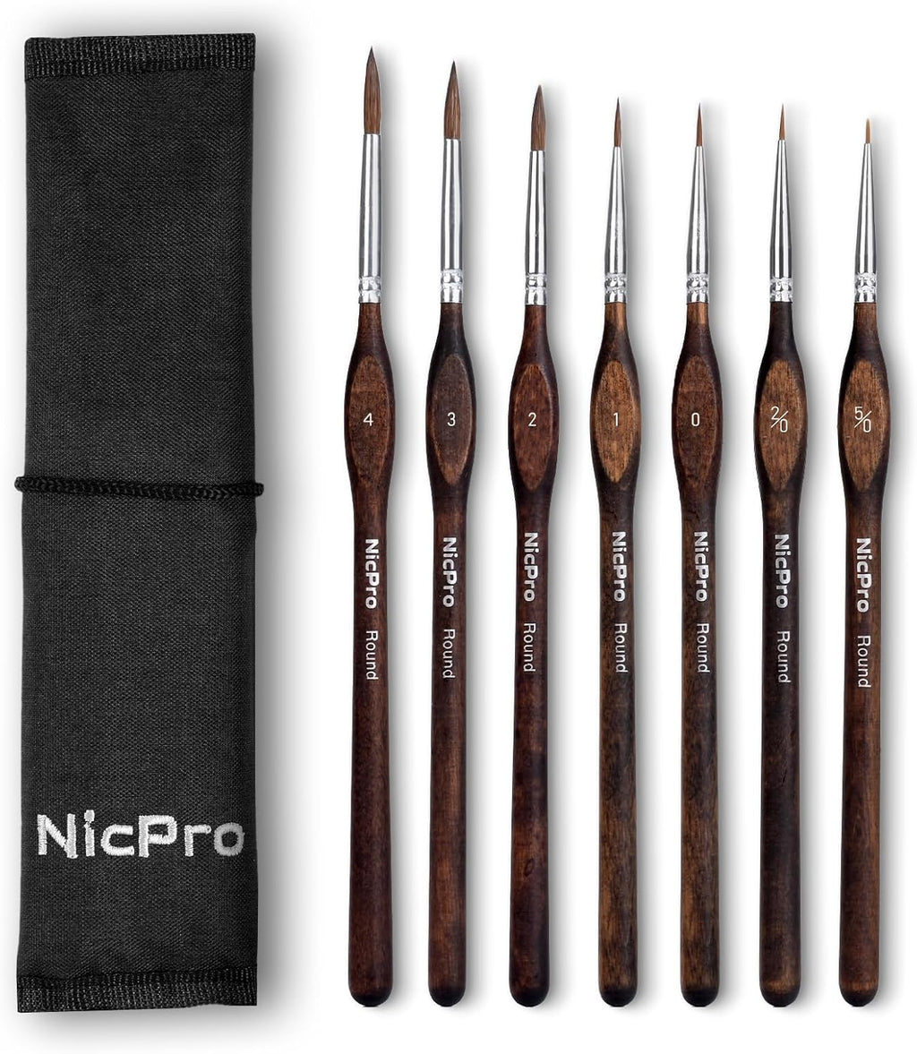 Nicpro 7pcs Kolinsky Sable Miniature Paint Brushes with Cloth Roll