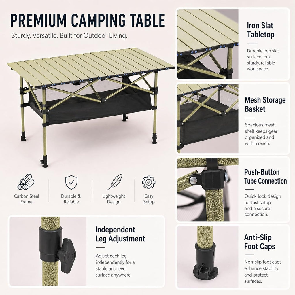 Portable Folding Camping Table, Adjustable Height, Beige, 37 x 21 in