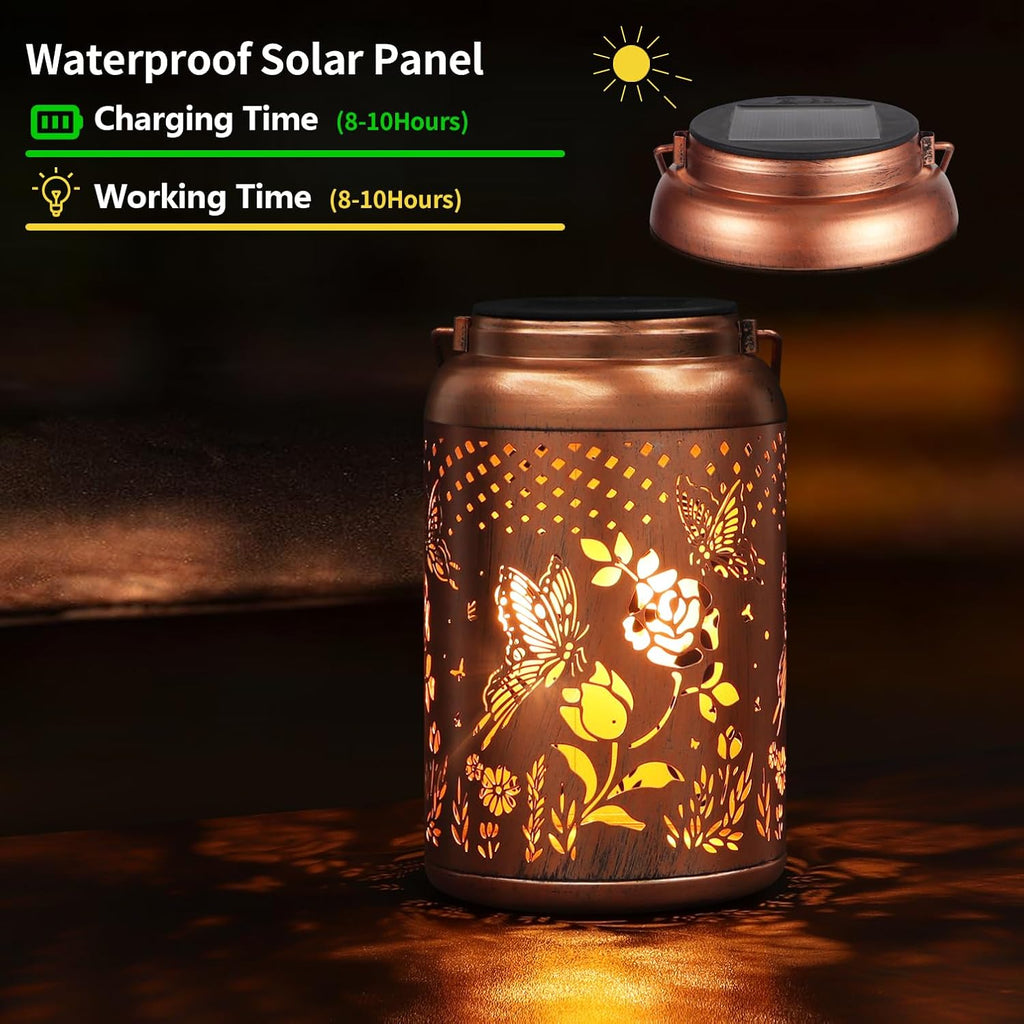 Rose Butterfly Decoration Solar Lanterns Outdoor Waterproof Garden Decor Gifts for Women Mon Grandma Metal Hanging Solar Lights for Outside LED Lanterns for Yard, Patio
