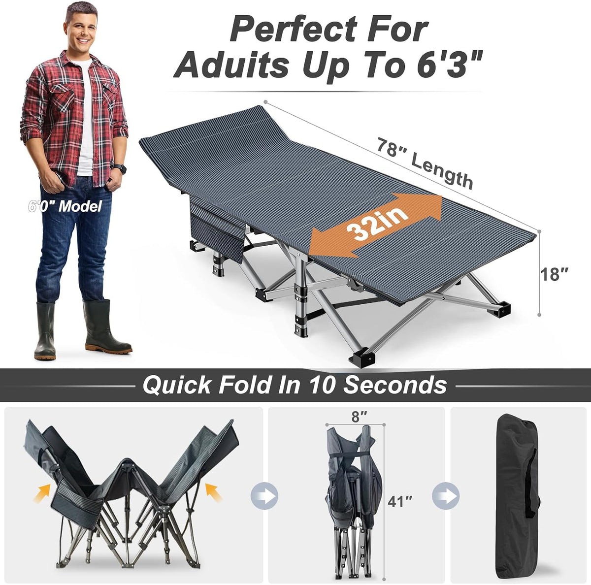 ABORON XXL Folding Camping Cot for Adults, 32 in Wide with Mattress, 900 lb