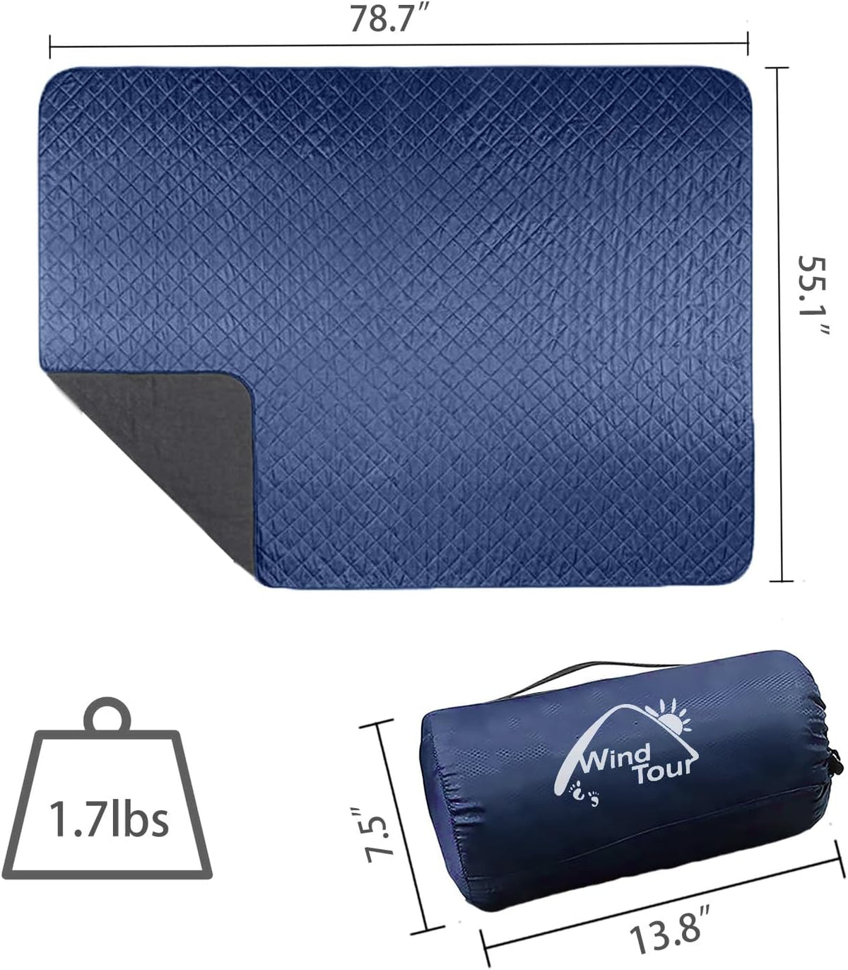 Wind Tour Warm Polar Fleece Blanket Picnic Outdoor & Beach, Machine Washable Camping Quilt for Cold Weather, Adventure, Sleeping, Backpacking (Dark Blue)