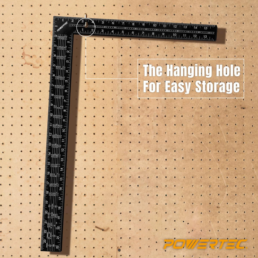 POWERTEC Carpenter Square Set, 16"x24" Framing Square w/Rafter Tables (1PK) & 8"x12" Square Ruler with Imperial & Metric Graduations (1PK) for Woodworking, Construction, Arts & Crafts (80037)