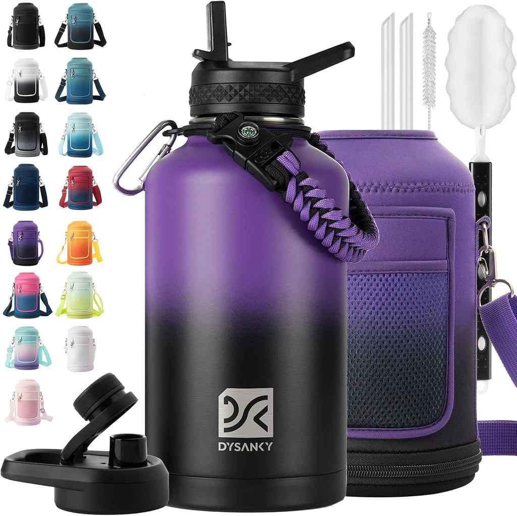 DYSANKY Insulated Water Bottle w/Straw Lid & Portable Carrier Bag, 64oz