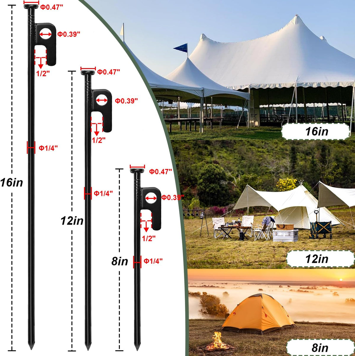 24Pcs Tent Stakes, 12in Heavy Duty Tent Stakes with Storage Pouch, Forged Steel Metal Stake for Tent Used on Rocky Place, Grassland, Dessert(24Pcs, 12in, Diameter 1/4")