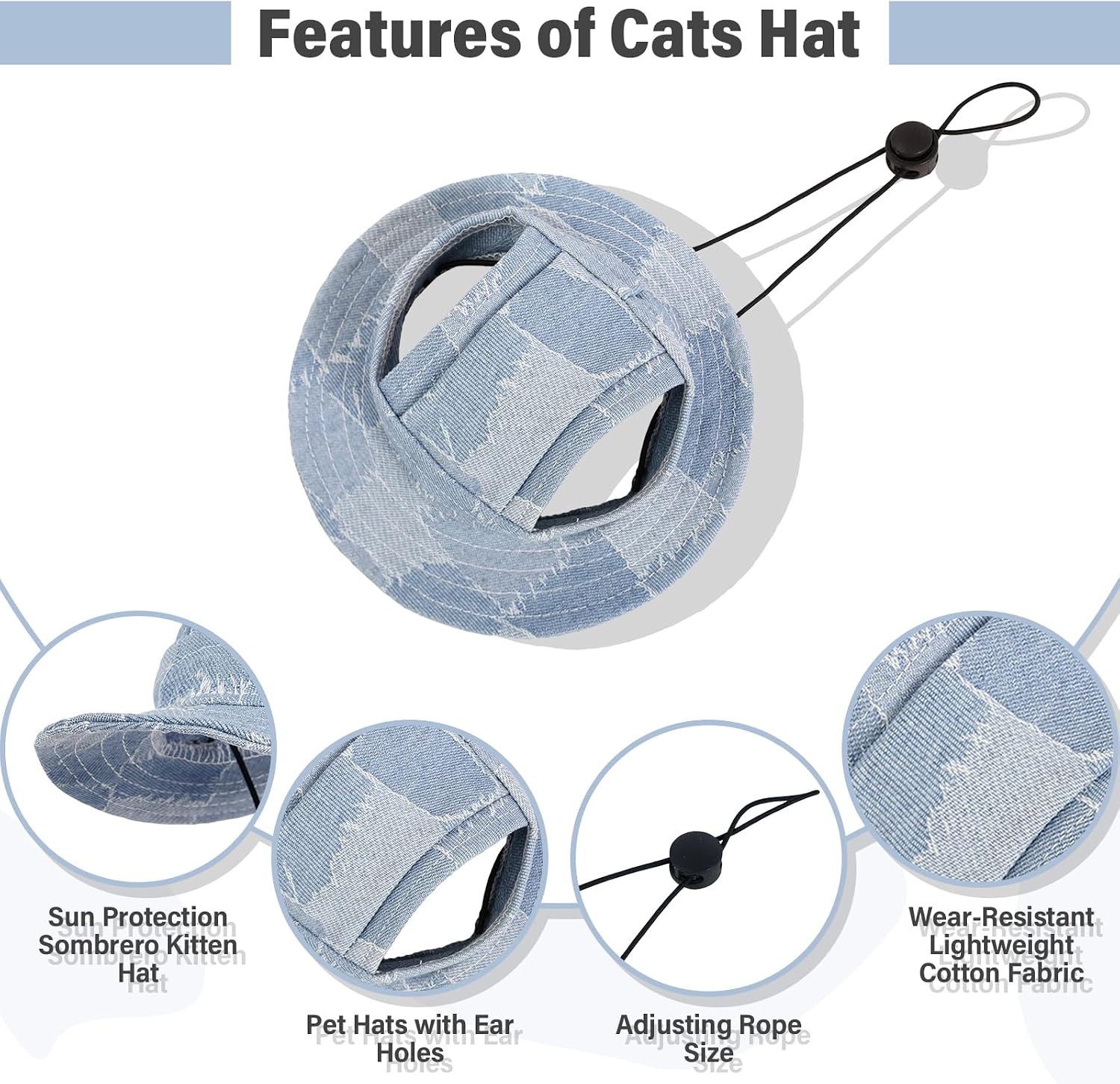 DENTRUN Cat Bucket Hat with Ear Hole, Cotton Birthday Bonnet for Small Pets