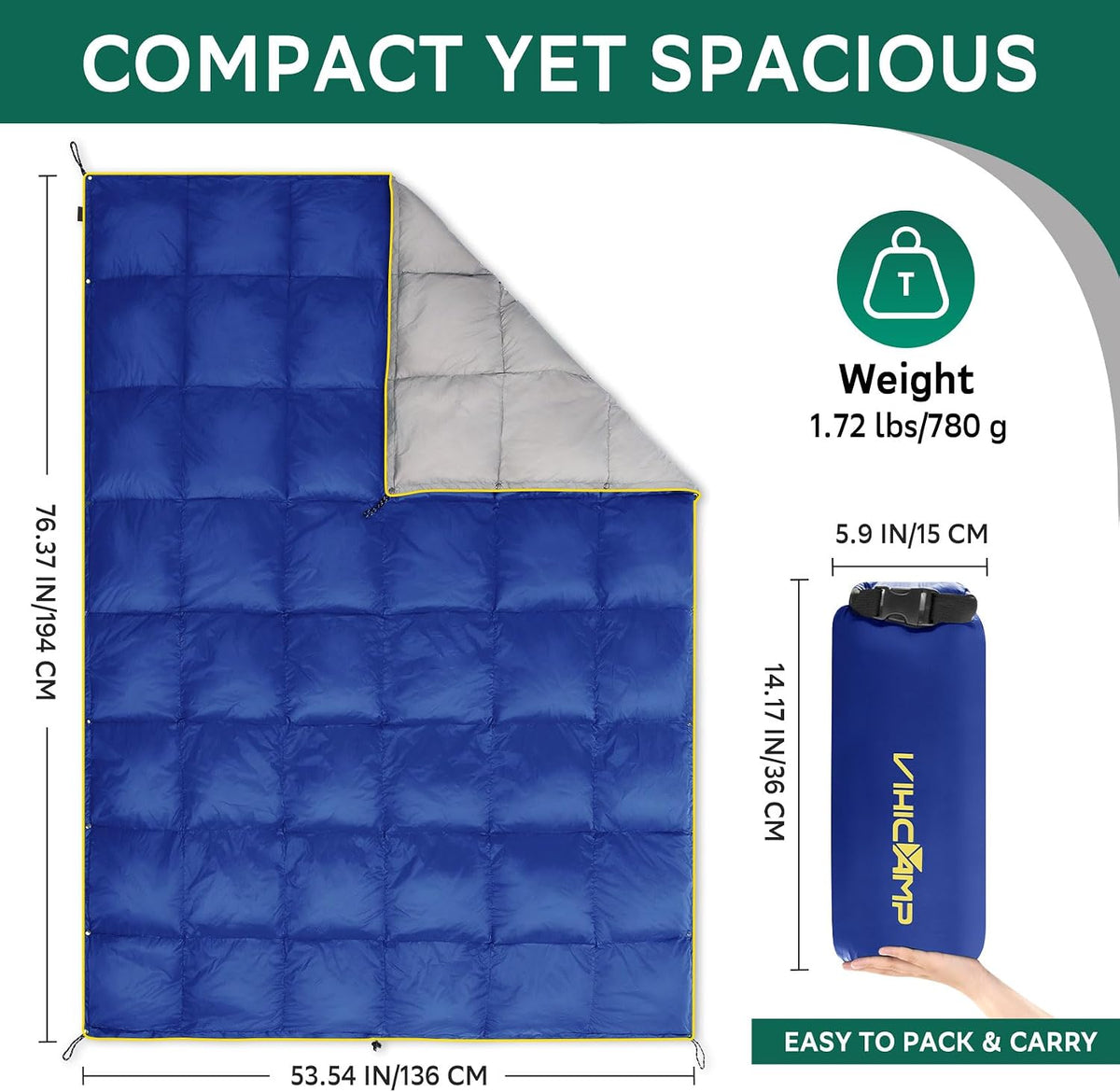 Down Camping Blanket, Lightweight Packable Outdoor Blanket, Warm