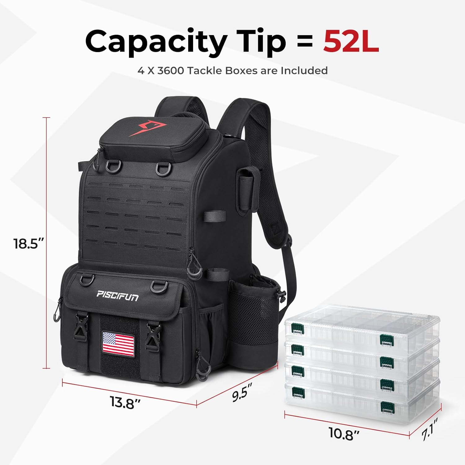 Piscifun 52L Fishing Tackle Backpack, 17 Pockets, Rod Holders & 4 Boxes