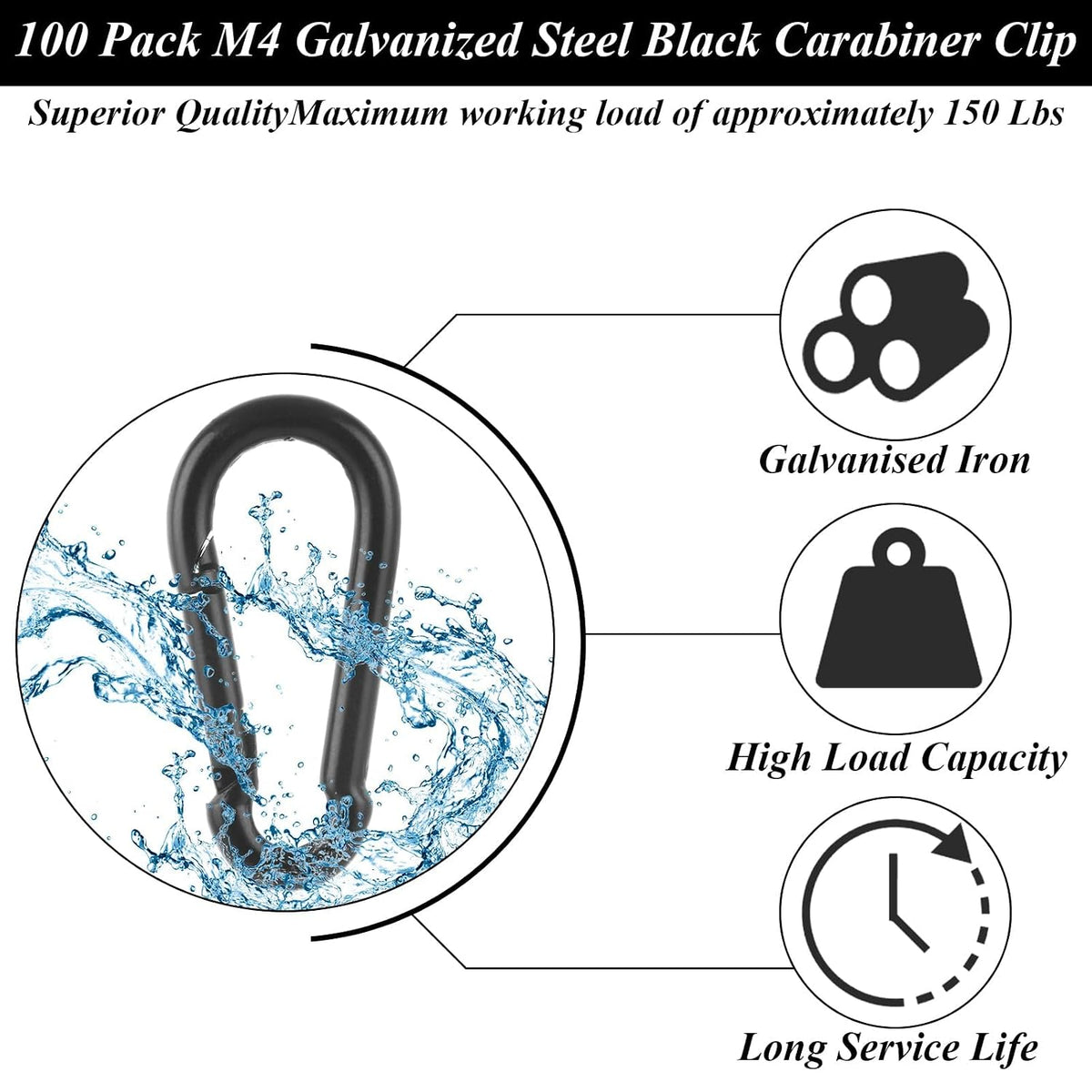 MIVIDE 100 Pack M5 Black Carabiner Clip Spring Snap Hook, 2 Inch Heavy Duty Small Snap Hooks Carabiner Quick Link Clip for Camping Hiking Traveling Outdoor Swing Gym, 220Lbs Capacity