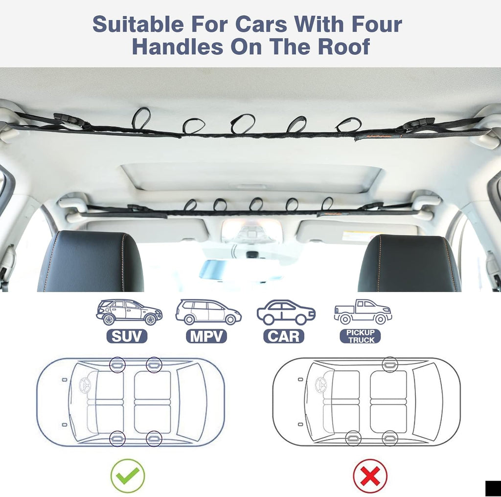 Roylvan 2 Pack Vehicle Fishing Rod Holder - Fishing Pole Car Rack 5 Rods Capacity, Adjustable 30 to 54 Inches Horizontal Roof Storage Carrier Belt for SUV, Truck and Van, Black