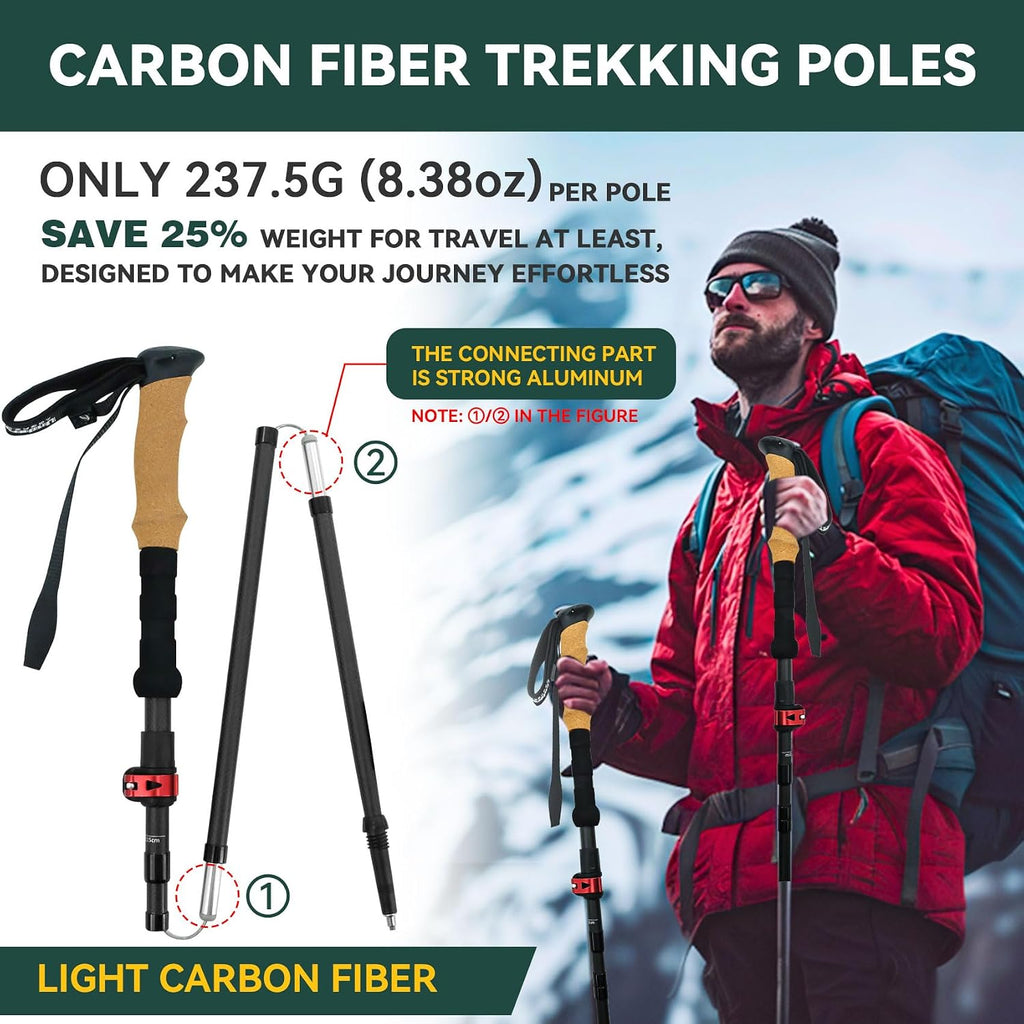 Carbon Fiber Trekking Poles, Lightweight Hiking Sticks with Cork Grip 2 Pcs