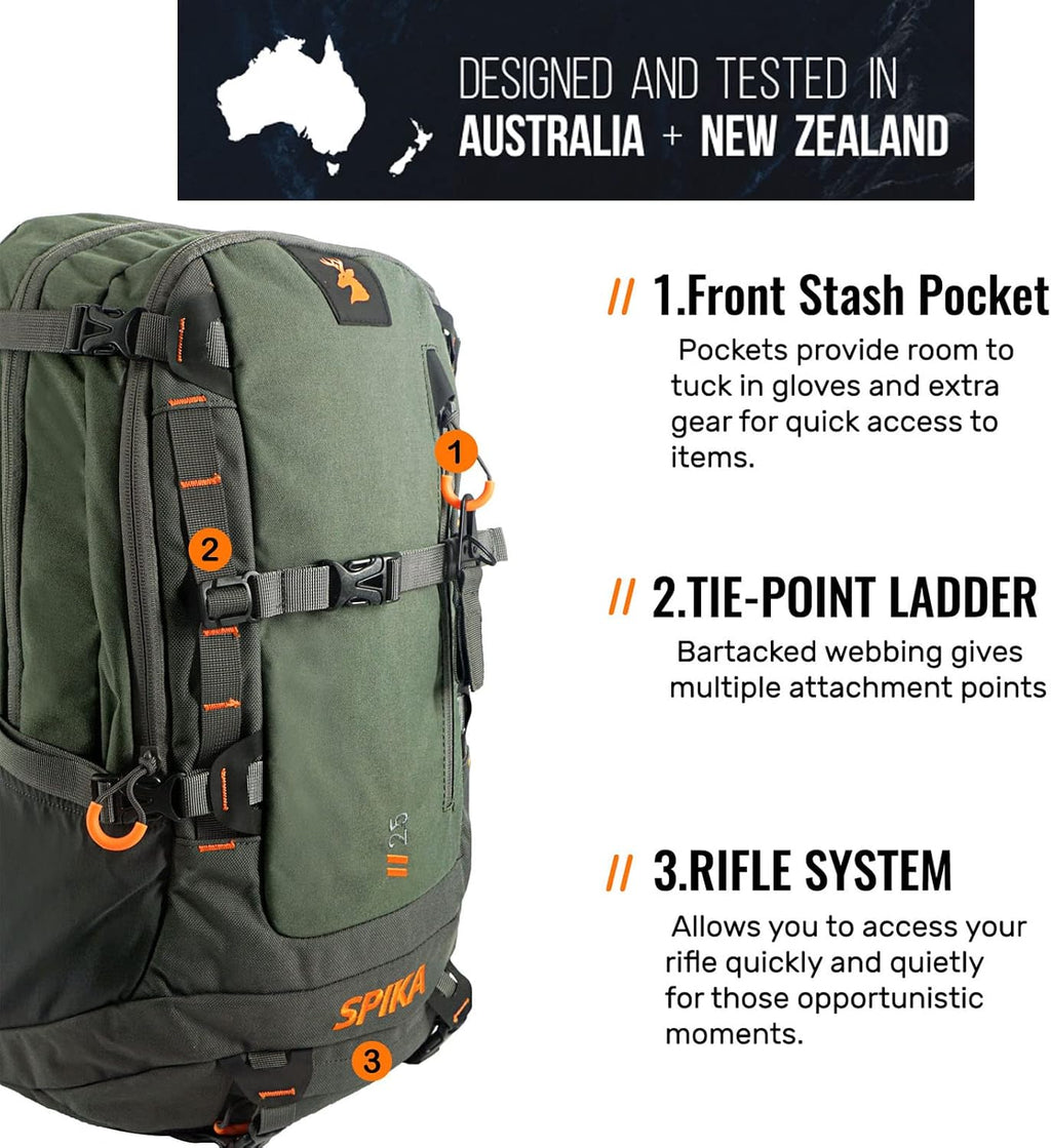 SPIKA Camo and Green Hunting Backpack Tactical Military Bags Waterproof Daypack for 25L Capacity Removable Hip Belt