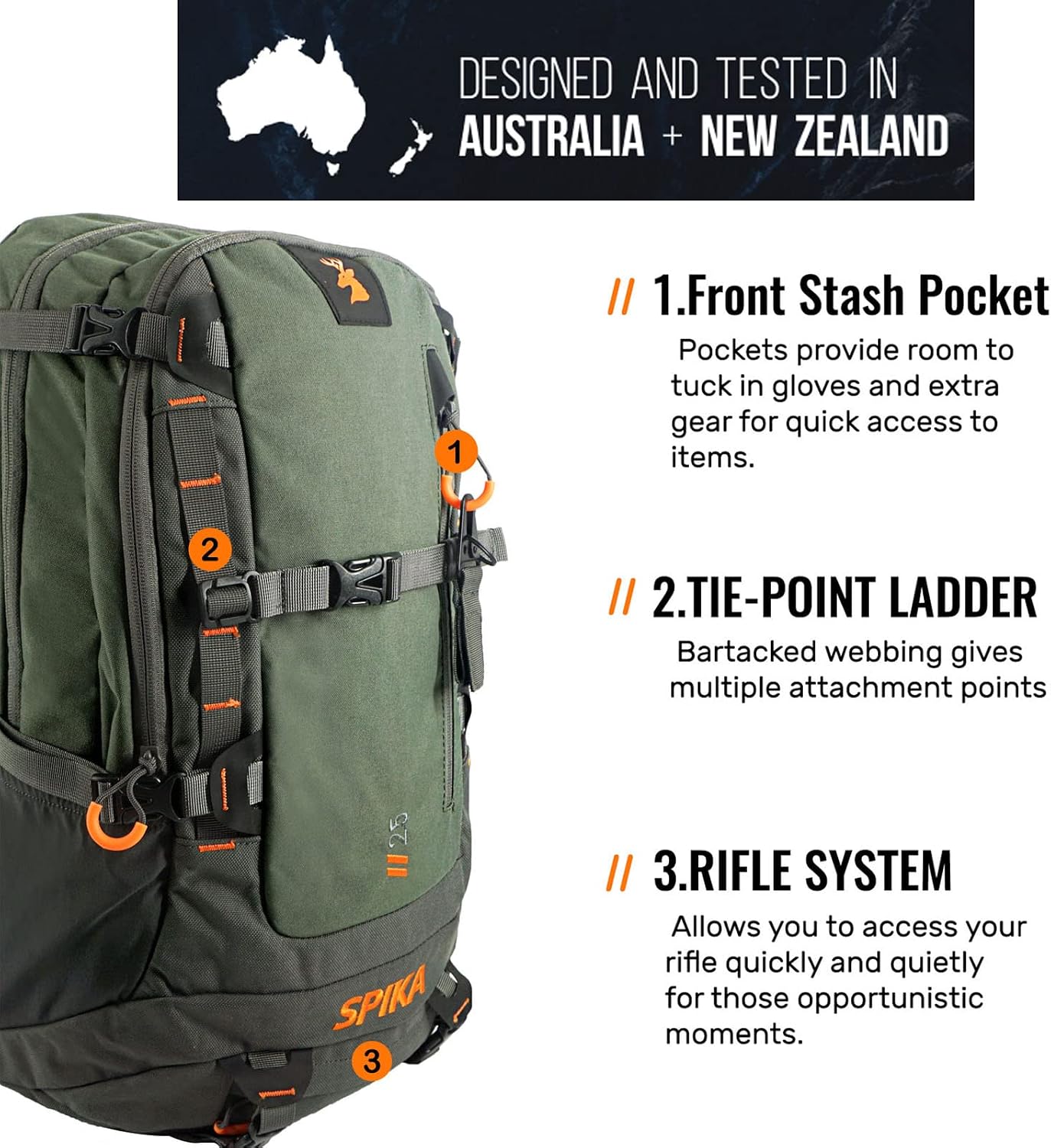 SPIKA Camo and Green Hunting Backpack Tactical Military Bags Waterproof Daypack for 25L Capacity Removable Hip Belt