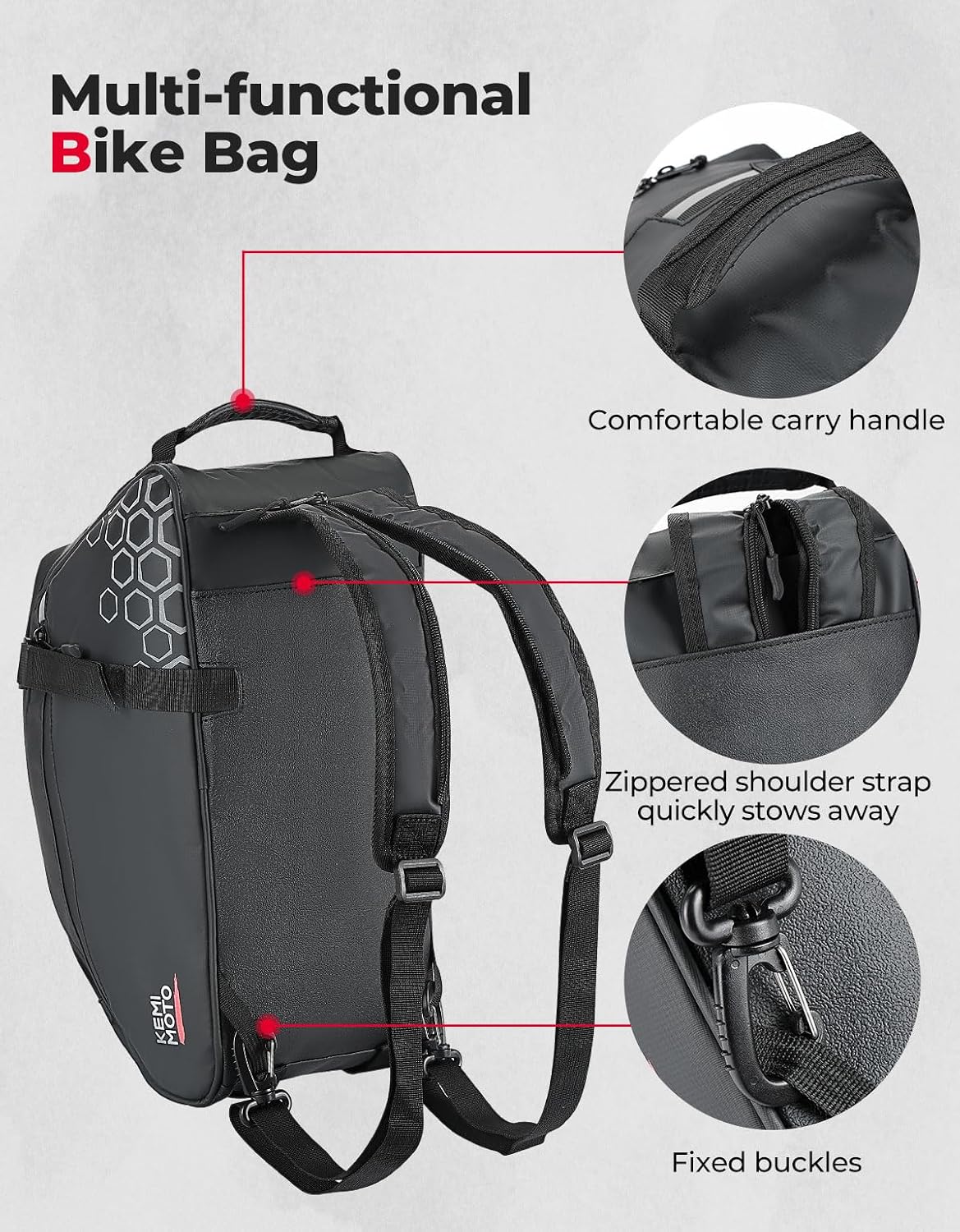 KEMIMOTO 3-in-1 Rear Bike Bag, 11L Convertible Backpack/Shoulder Bag, Black