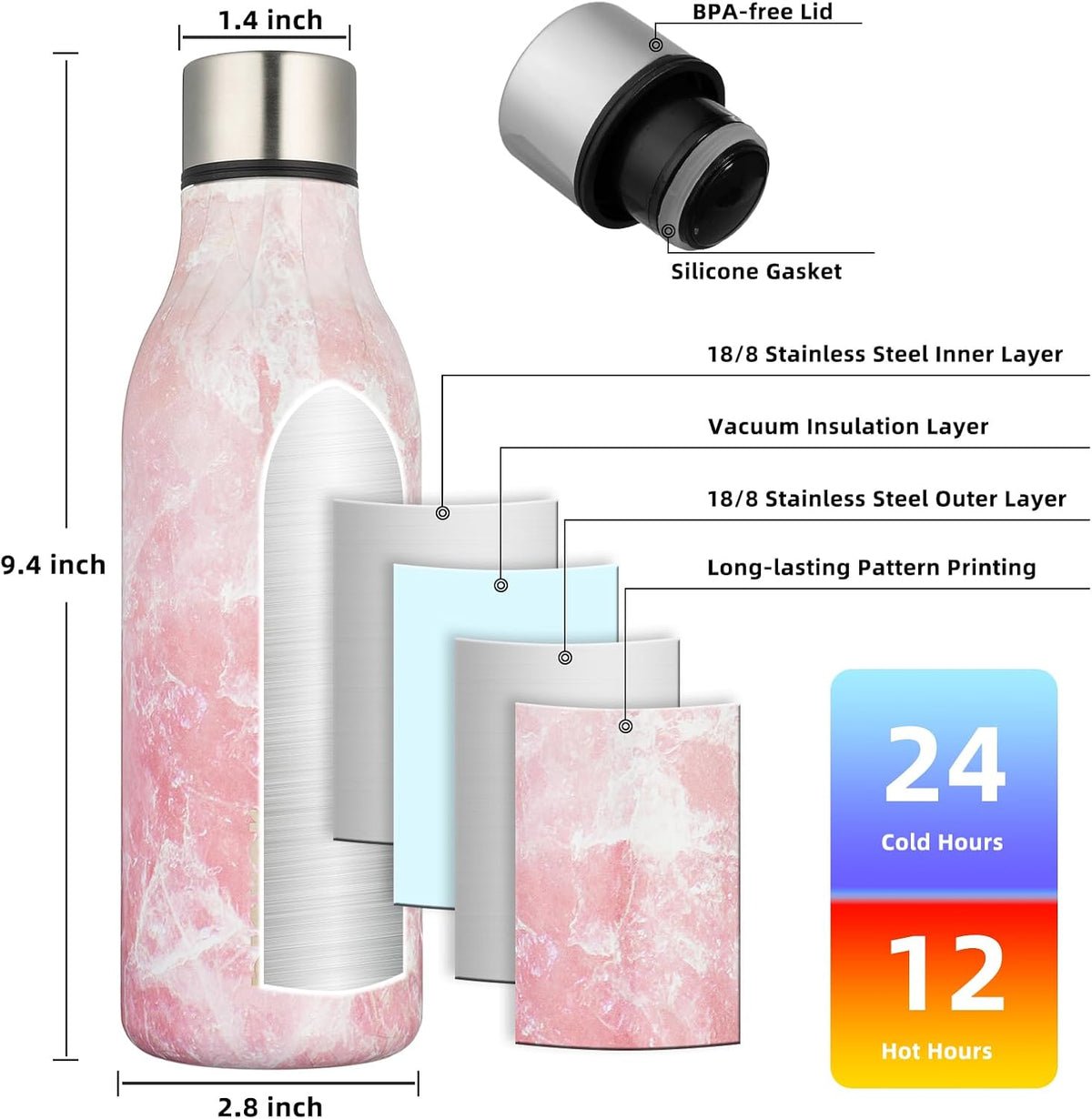 BJPKPK 18oz Insulated Water Bottle, Stainless Steel Bottle with Carry Strap