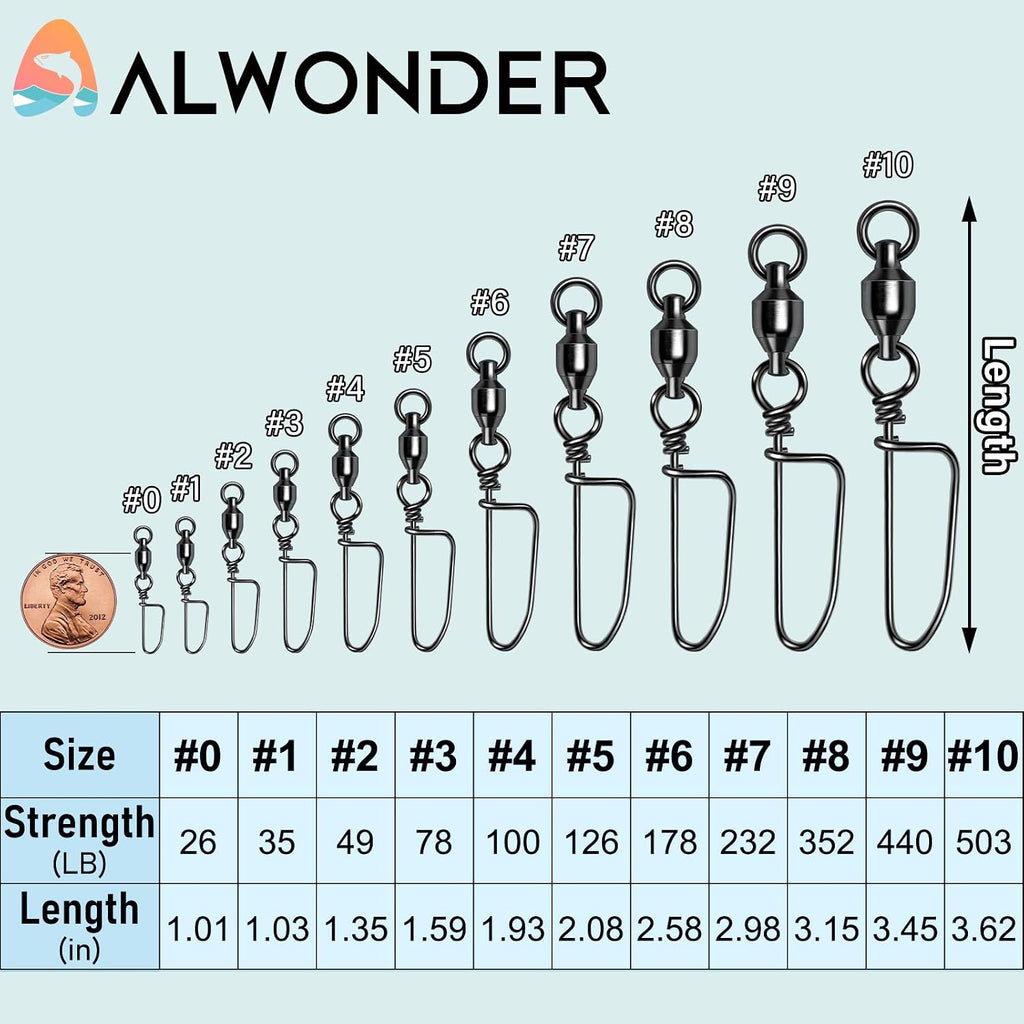 Alwonder 20-Pack Ball Bearing Swivels with Snaps, Fishing Snap Swivels Fishing Tackle Saltwater Freshwater Coastlock Snaps Barrel Swivel Leader Connector Downrigger Planer Release Clips