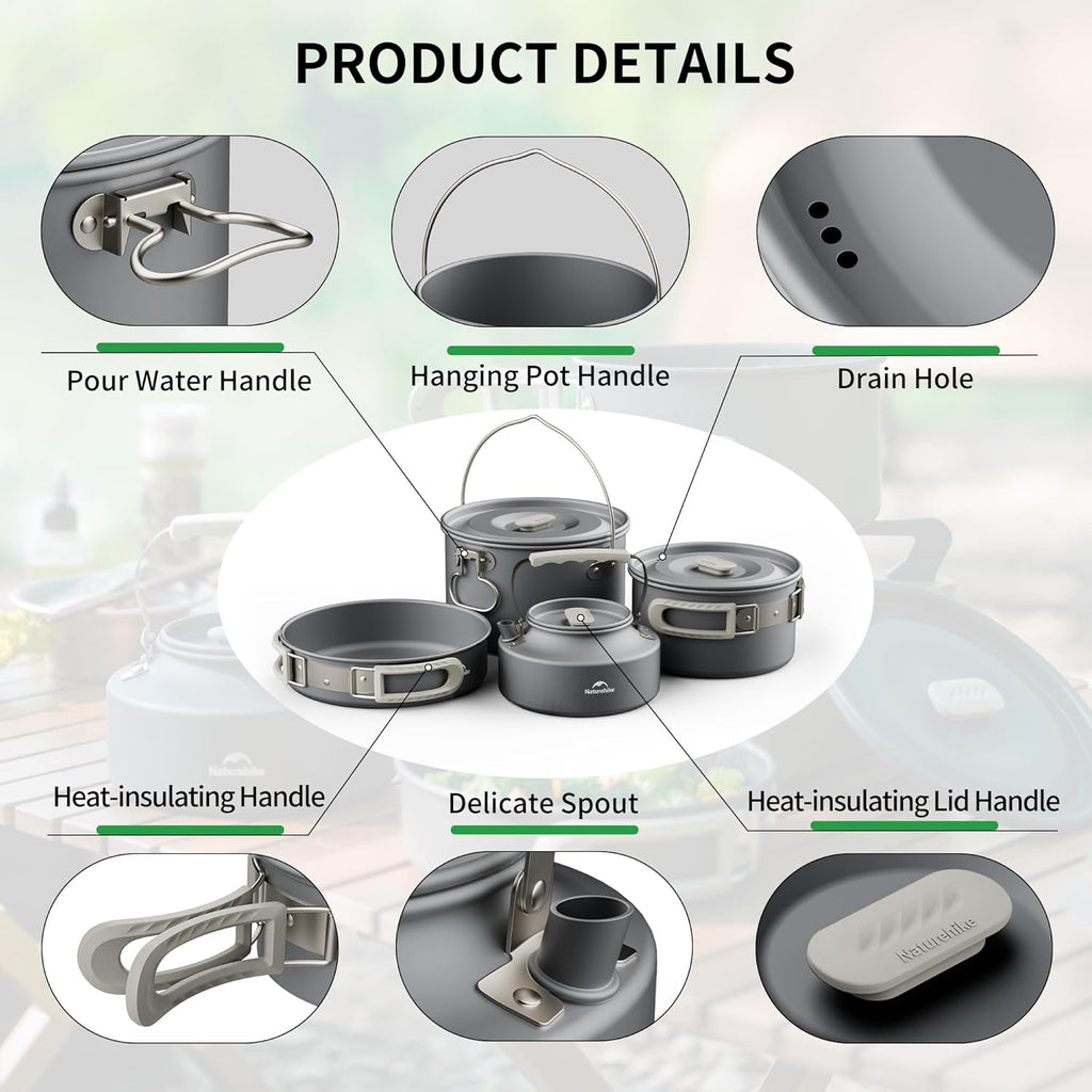 Naturehike Camping Cookware Set Mess Kit for Backpacking Gear, Camp Cooking Set, Camping Pots and Pans Set for Outdoor Backpacking Camping Hiking Picnic
