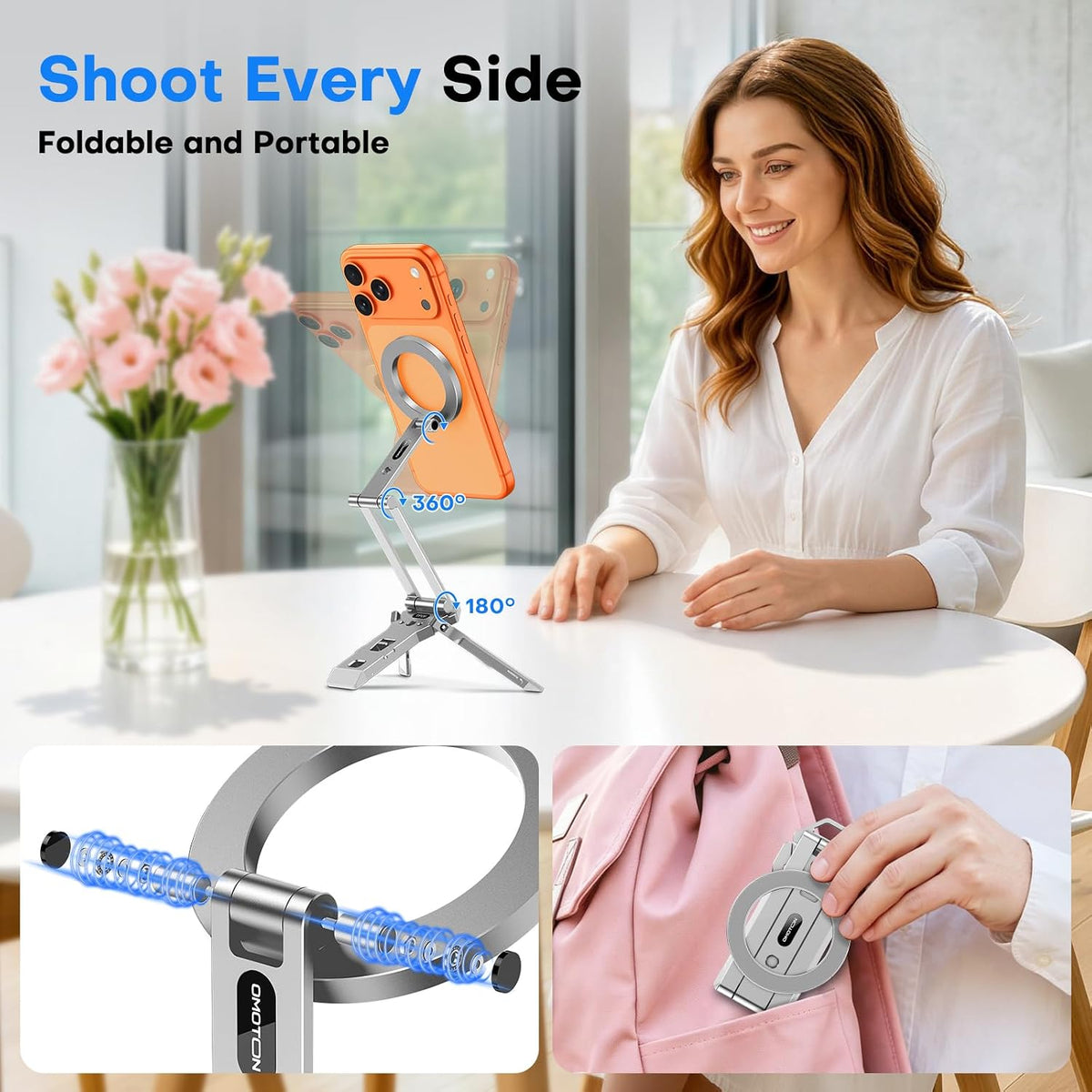 OMOTON TP06-E [3-Adjust] Sturdy Magnetic Phone Tripod for iPhone 17, Sliver