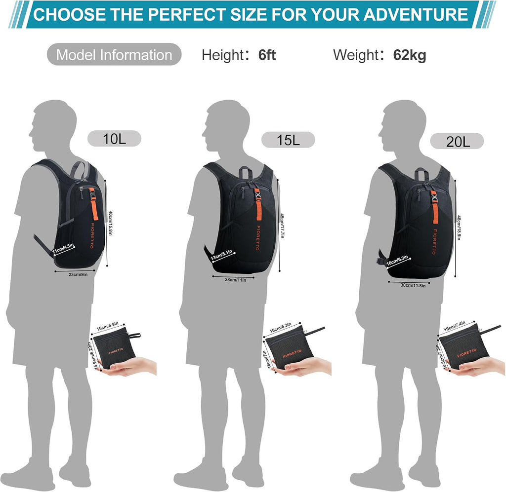FIORETTO 10L Hiking Backpack for Men Women Lightweight Foldable Small Daypack for Travel Camping Outdoor, Black