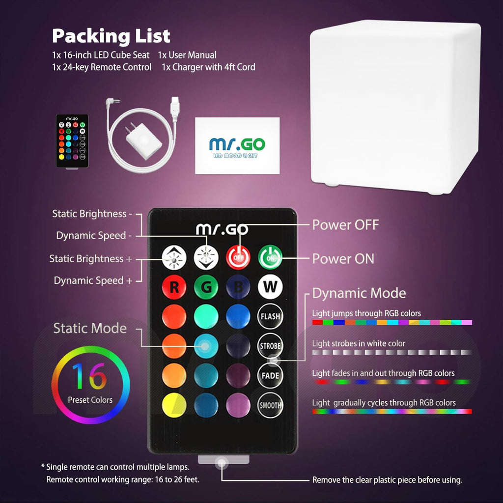 Mr.Go 16-inch LED Cube Chair Light, Rechargeable RGB Colors Glow Cube Seat