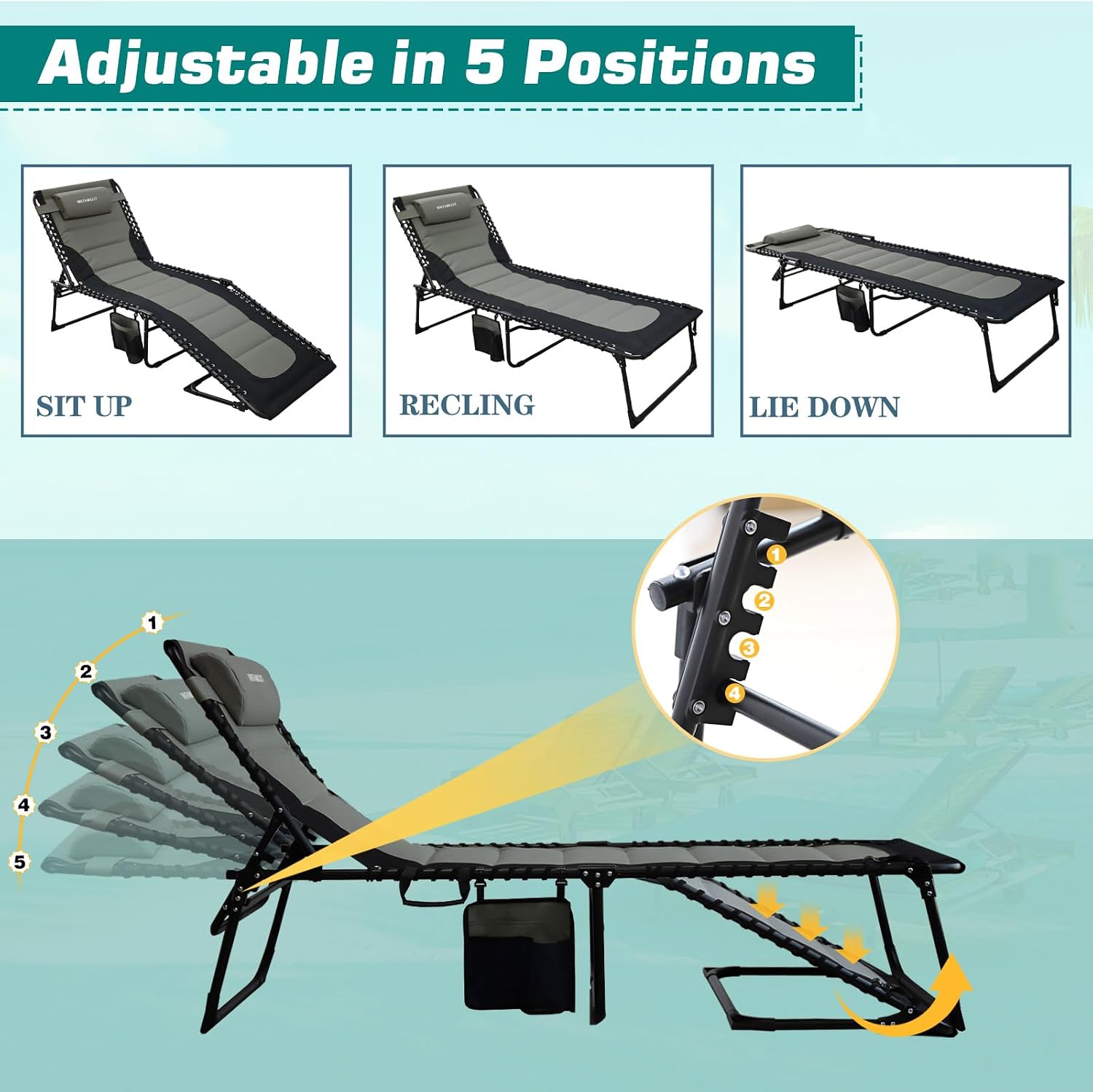 Outdoor Folding Lounge Chair Padded for Adults 264Ibs Patio Chaise Lounge Chair for Outside 5-Position Adjustable Reclining Beach Chair with Pillow Pocket