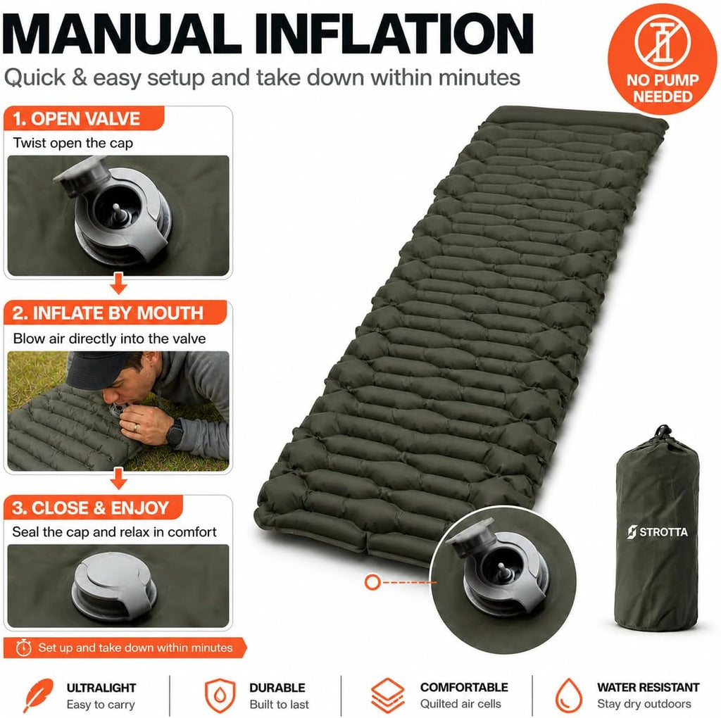 ANGORA BRANDS Inflatable Sleeping Pad for Camping & Backpacking | R-3 Value, 2.1" Thick, 25" Wide | Compact Lightweight Sleeping Mat for Hiking, Travel & Outdoor Use