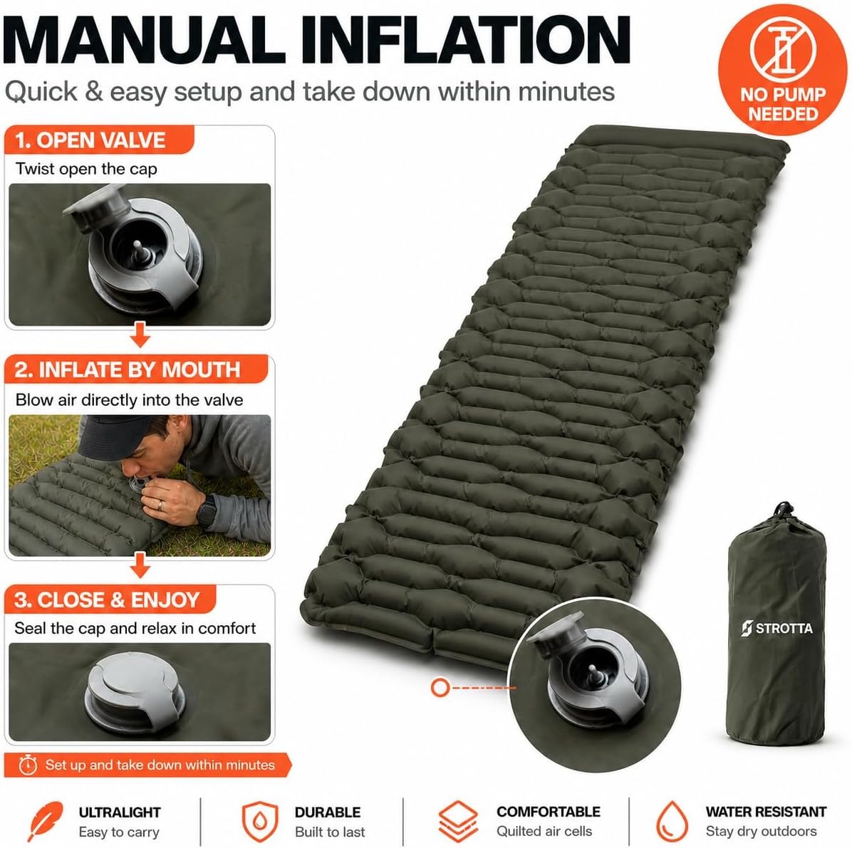 ANGORA BRANDS Inflatable Sleeping Pad for Camping & Backpacking | R-3 Value, 2.1" Thick, 25" Wide | Compact Lightweight Sleeping Mat for Hiking, Travel & Outdoor Use