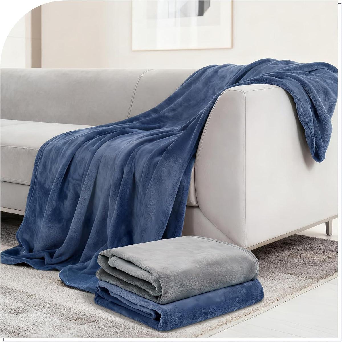 2 Pcs Flannel Fleece Throw Blanket for Bed Couch Large Soft Blanket Winter Warm Lightweight Throw for Sofa,Couch,Travel,Camping,(Grey,Blue,50x60 Inch)