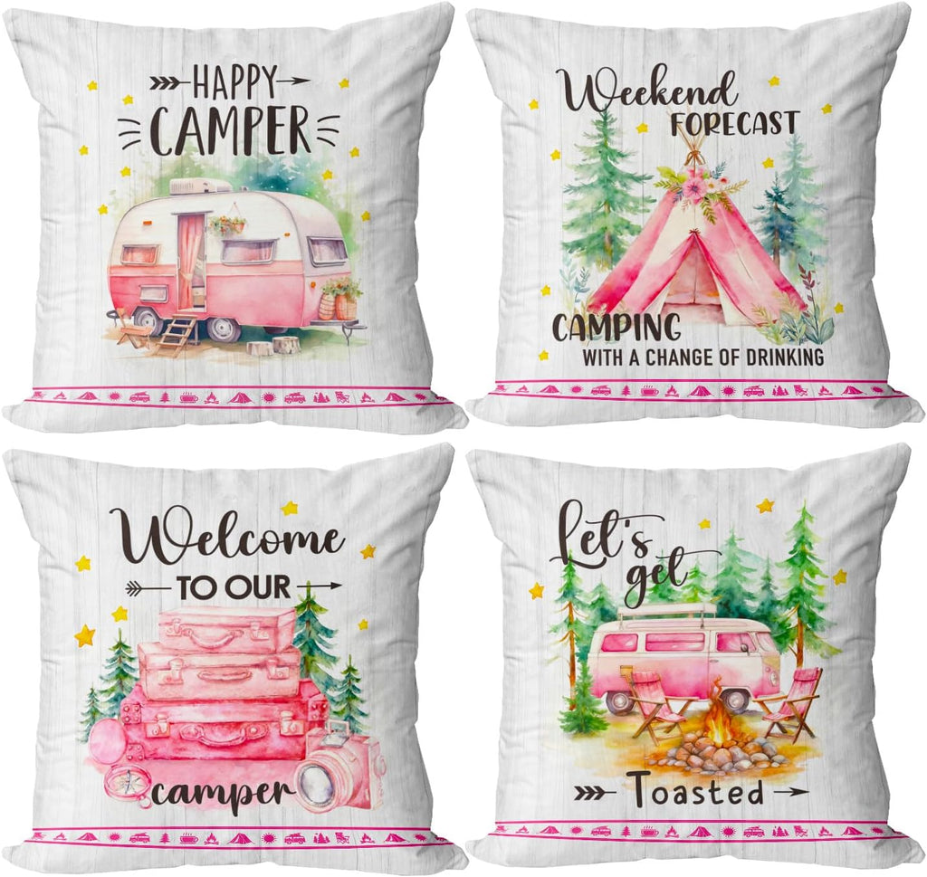 Happy Camper Camping Life Throw Pillow Cover for Camp Lady, 18 x 18 Inch Pink Travel Trailer Campfire Tent Pinetree Holiday Cushion Case Decoration for Sofa Couch Set of 4
