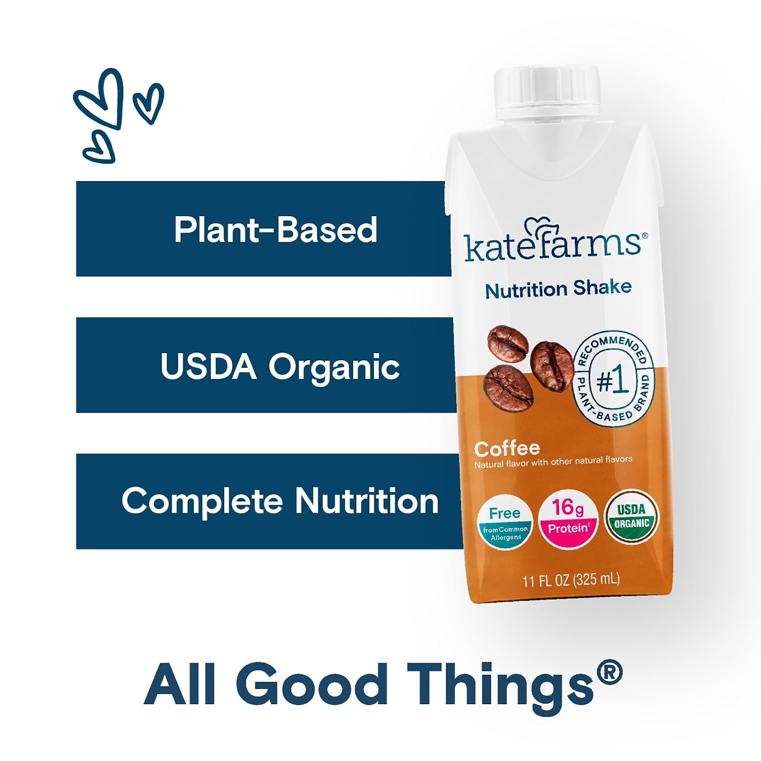 KATE FARMS Organic Nutrition Shake, Coffee, 16g Protein, 27 Vitamins and Minerals, Meal Replacement Shake, 11 oz (12 Pack)