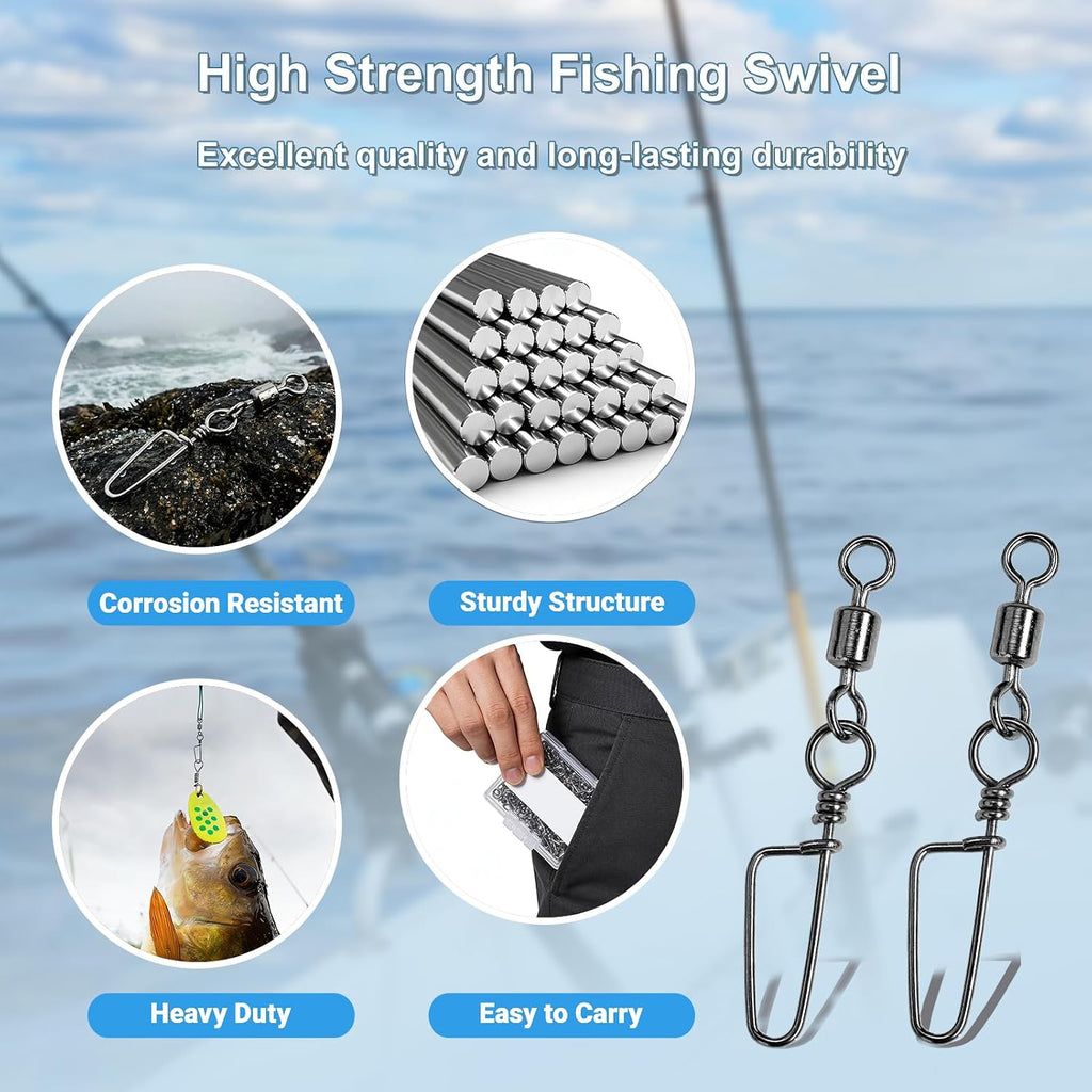 QISHUO Barrel Stainless Snap Swivels Strength Saltwater Lure Connector Fishing Steel Clips Fishing Swivel Rolling Black Nickel