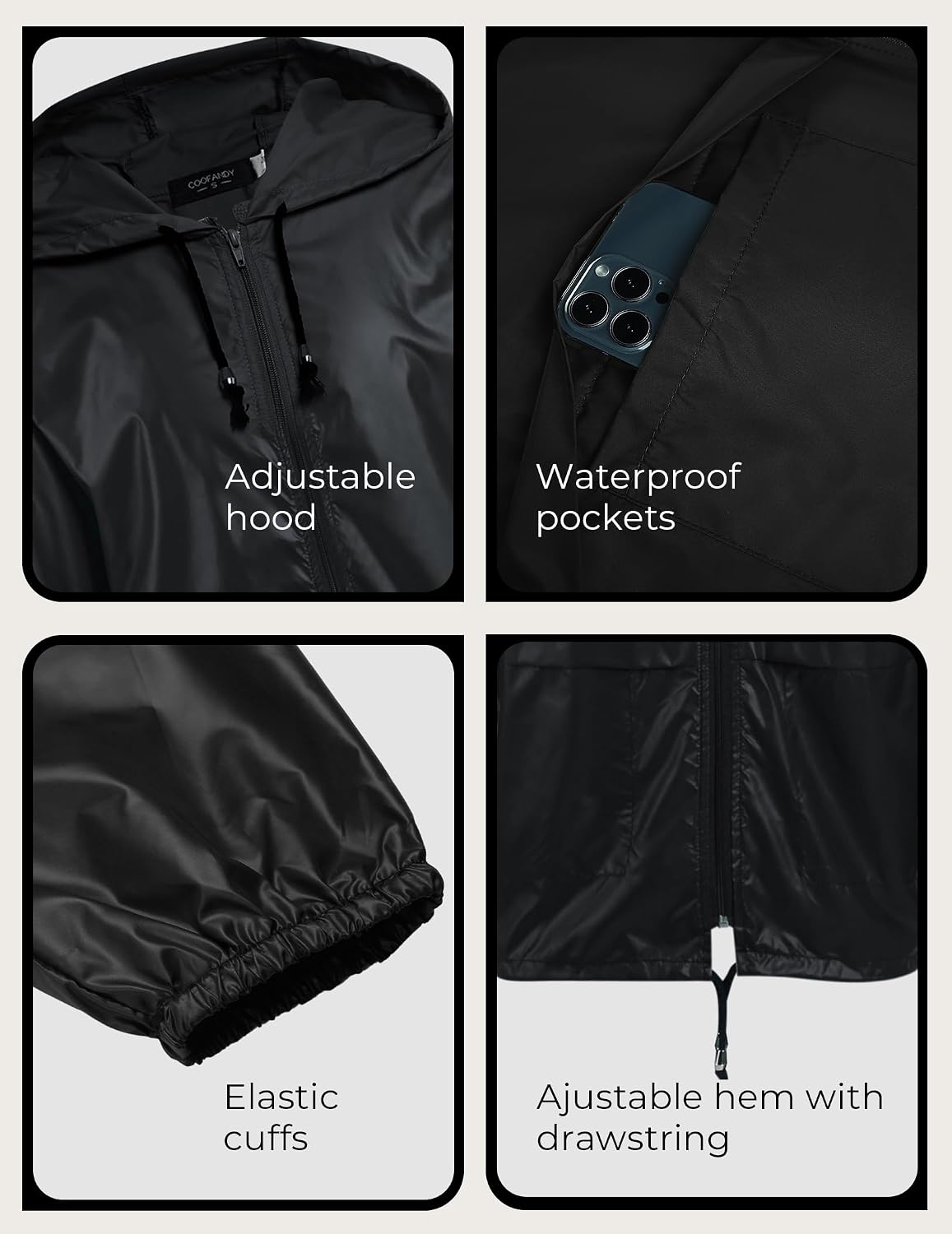COOFANDY Mens Packable Rain Jacket Lightweight Waterproof Raincoat with Hood Outdoor Rain Gear Travel Hiking Cycling