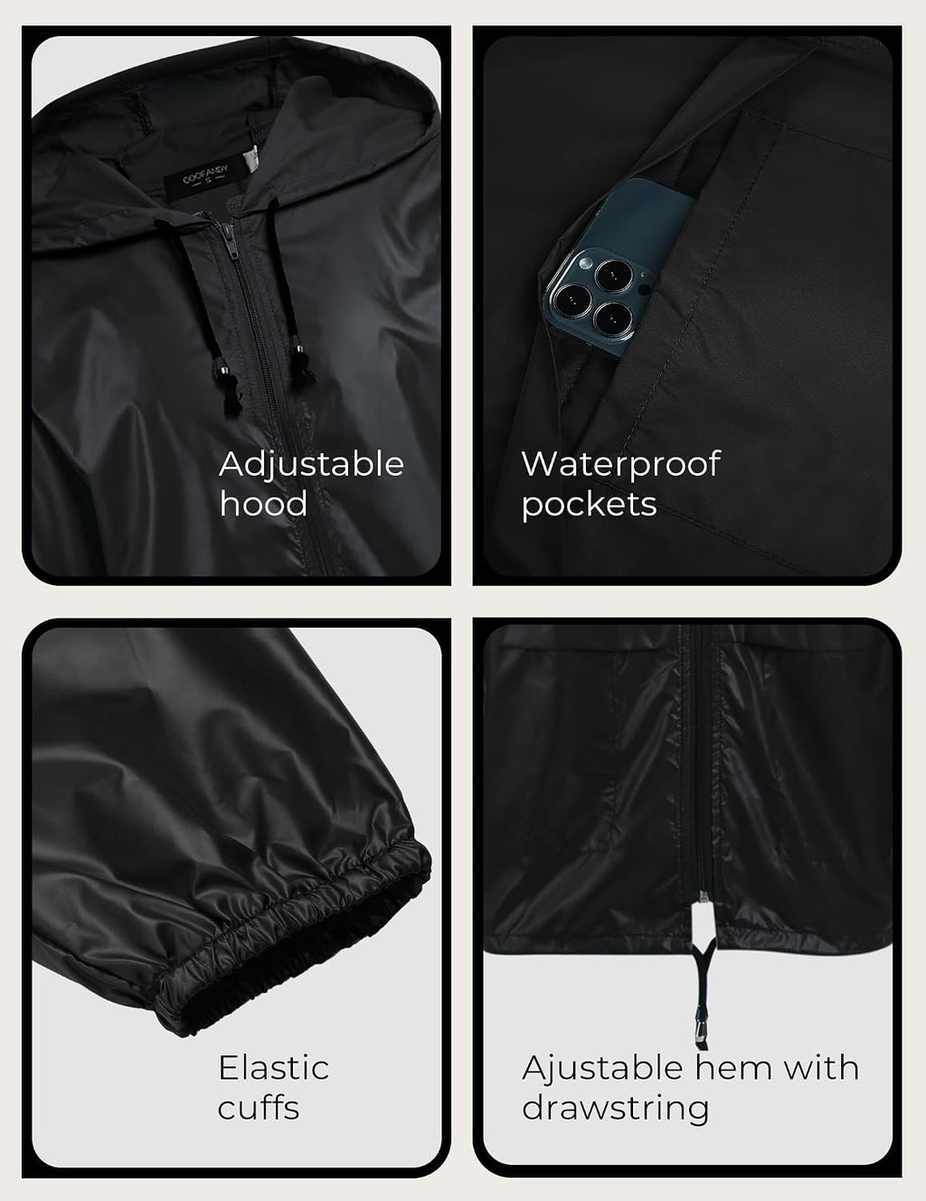 COOFANDY Mens Packable Rain Jacket Lightweight Waterproof Raincoat with Hood Outdoor Rain Gear Travel Hiking Cycling