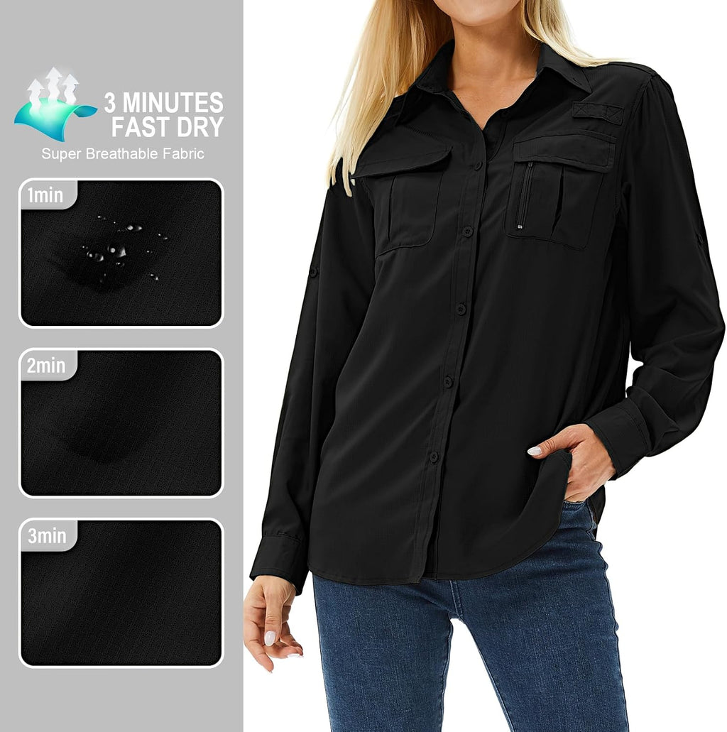 Women's UPF 50 Long Sleeve Sun Protection Safari Fish Hiking Shirts