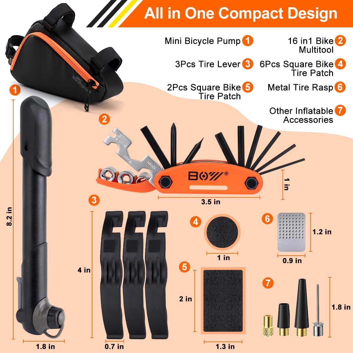 Bicycle Frame Repair Bag with Tire Patch and Inflate Pump - Portable Travel Emergency Tool Kit, Bike Accessories for Adult Bikes with IPX4 Waterproof