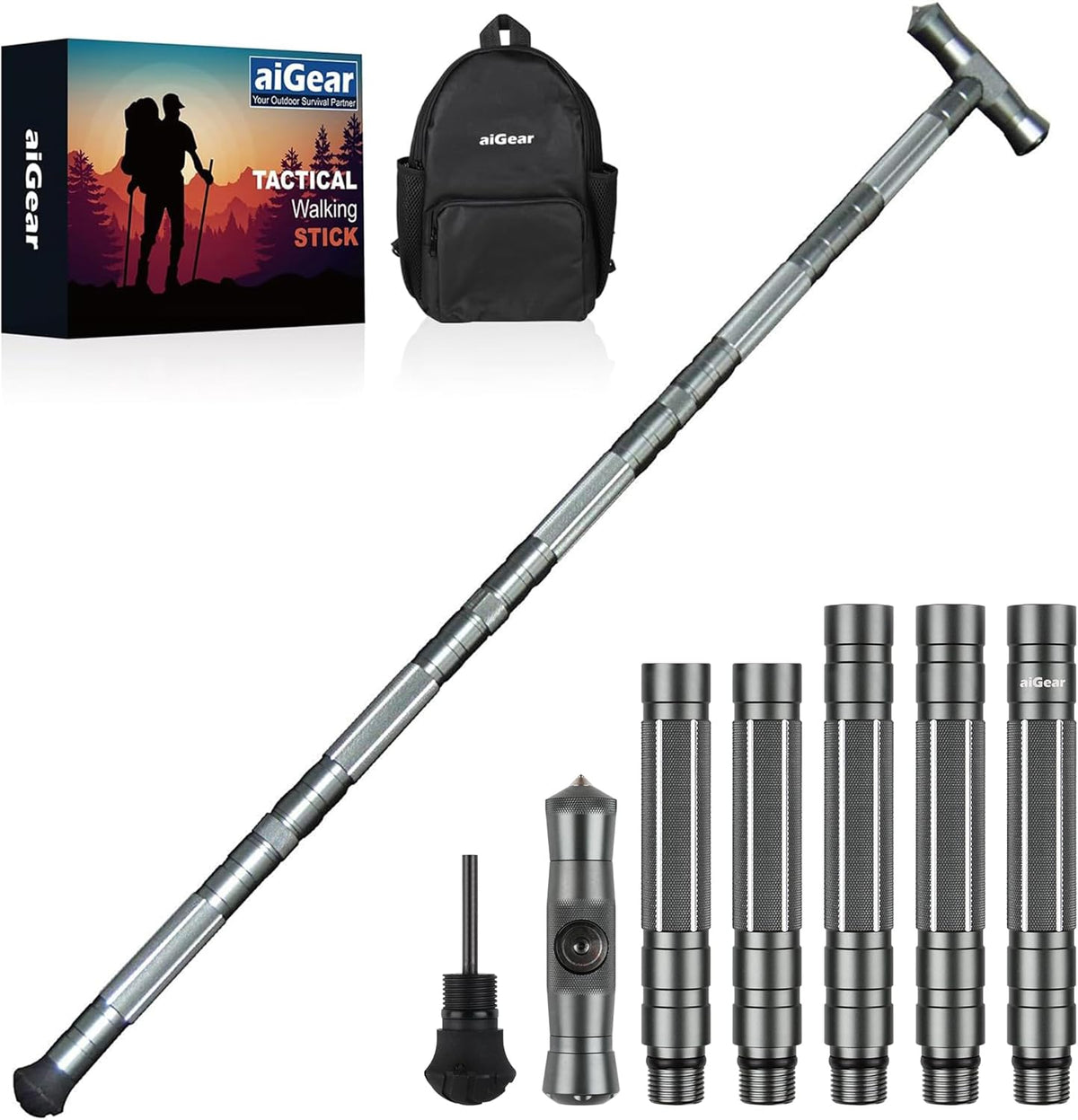 aiGear G2 Tactical Hiking Stick with Survival Kit, 5-Section Staff
