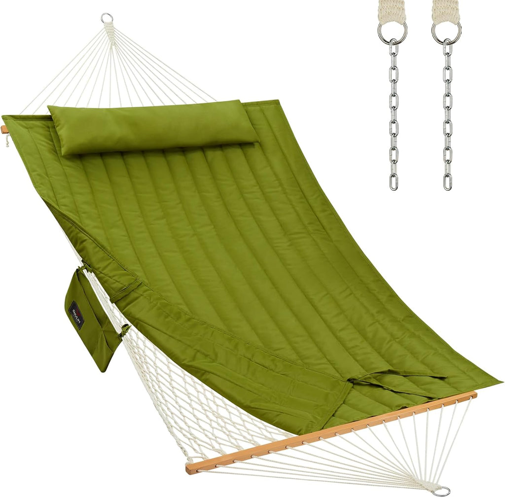 CHULIM Outdoor Double Hammock with Hardwood Spreader Bars, Large Rope Hammock with Polyester Pad and Pillow, 475 LBS Capacity for 2 Person Patio Backyard Poolside - Green