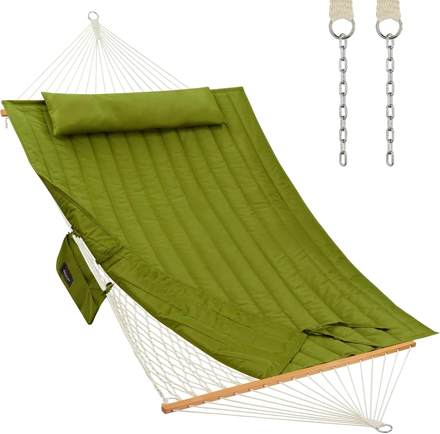 CHULIM Outdoor Double Hammock with Hardwood Spreader Bars, Large Rope Hammock with Polyester Pad and Pillow, 475 LBS Capacity for 2 Person Patio Backyard Poolside - Green