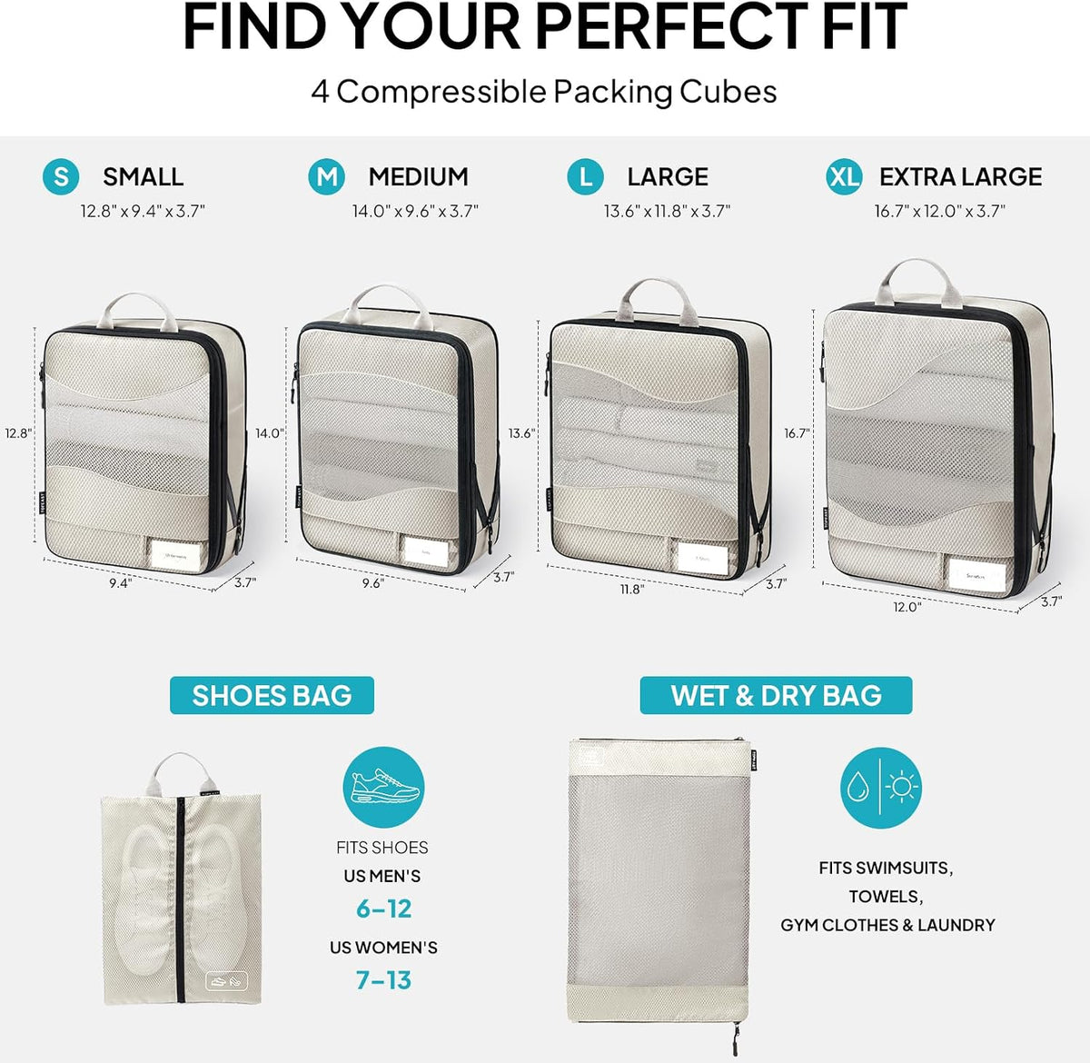 TOPEAST Compression Packing Cubes 4 Set Suitcase Organizer Bags for Travel