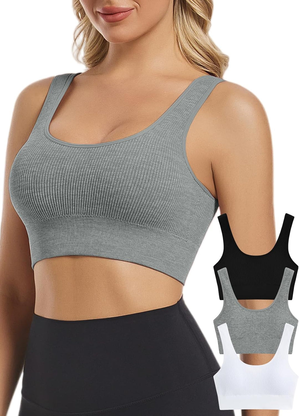 Chilylori Seamless Sports Bras for Women Pack of 3 Ribbed Sports Bra Tops