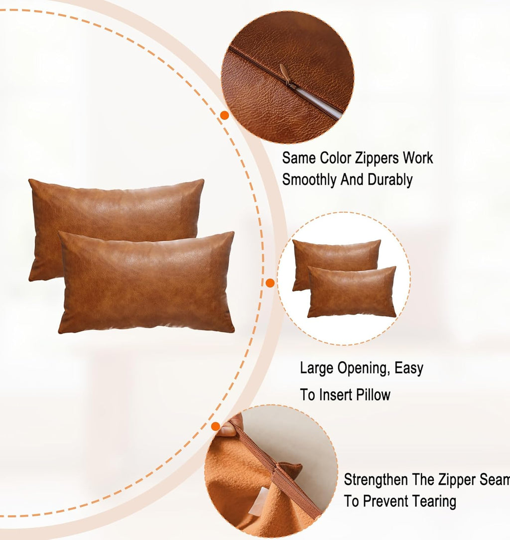 GEGELICA 12X20 Inch Brown Faux Leather Throw Pillow Covers Set of 2