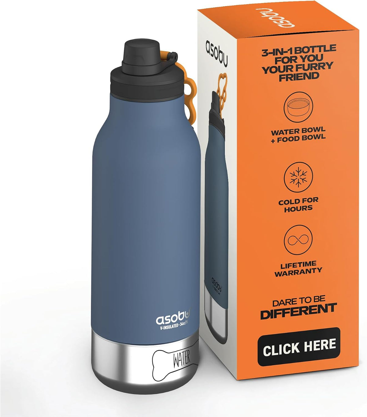 asobu Dog Barky Bottle – Insulated Stainless Steel Water Bottle with 2 Removable Dog Bowls for Food, Treats & Water – Pet-Friendly Travel Bottle for Hiking, Road Trips & Outdoor Adventures
